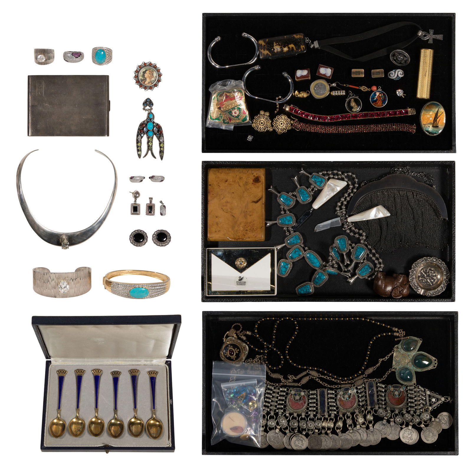 Sterling Silver and Costume Jewelry Assortment: Sterling Silver and Costume Jewelry Assortment Including a Nicky Butler brooch, a bracelet and ring set, a choker, a ring, pendant and earring set, (2) pairs of earrings, a cigarette case, a