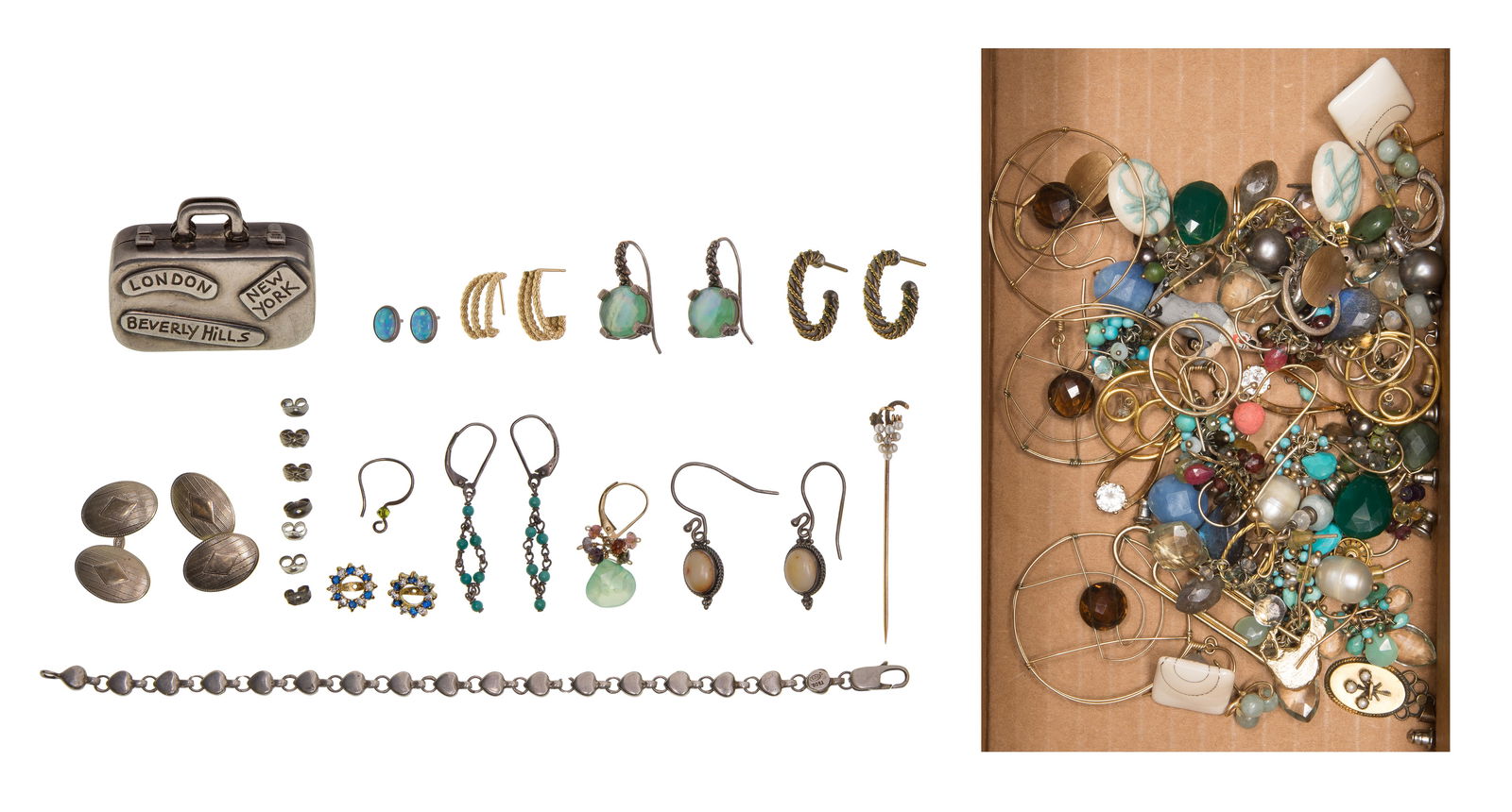 Gold, Silver and Costume Jewelry Assortment: Gold, Silver and Costume Jewelry Assortment Including a grape form diamond and pearl stick pin, a white gold cufflink set and a pair of earrings (all marked '14k'), Tiffany & Co. items including a