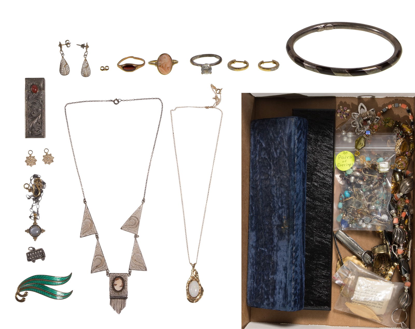 Gold, Silver and Costume Jewelry and Wristwatch Assortment: Gold, Silver and Costume Jewelry and Wristwatch Assortment Including a fine necklace, a tear drop form opal pendant, a pair of hoop earrings, a pair of earring jackets, a cameo ring and a single