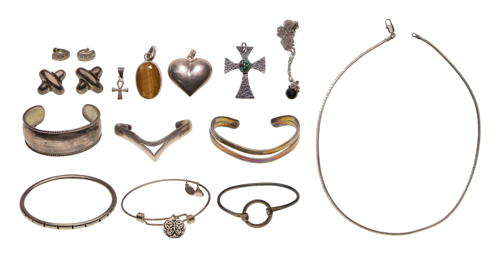 Sterling Silver Jewelry Assortment: Sterling Silver Jewelry Assortment (14) items including (6) bracelets, (2) necklaces, (4) pendants and (2) pairs of earrings (most marked '925' / 'sterling') Property from: a Private Collector,