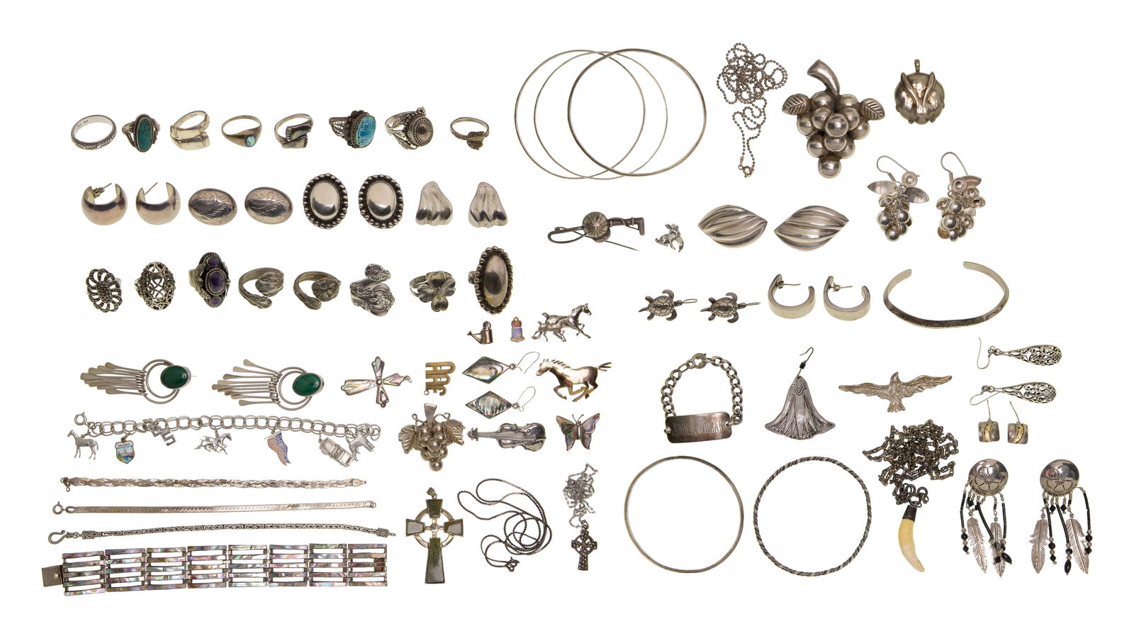 Sterling Silver Jewelry Assortment: Sterling Silver Jewelry Assortment Including bracelets, necklaces, pendants, earrings, pins and rings (most marked 'sterling' / '925'); together with (3) bangles, a necklace and a grape form pin