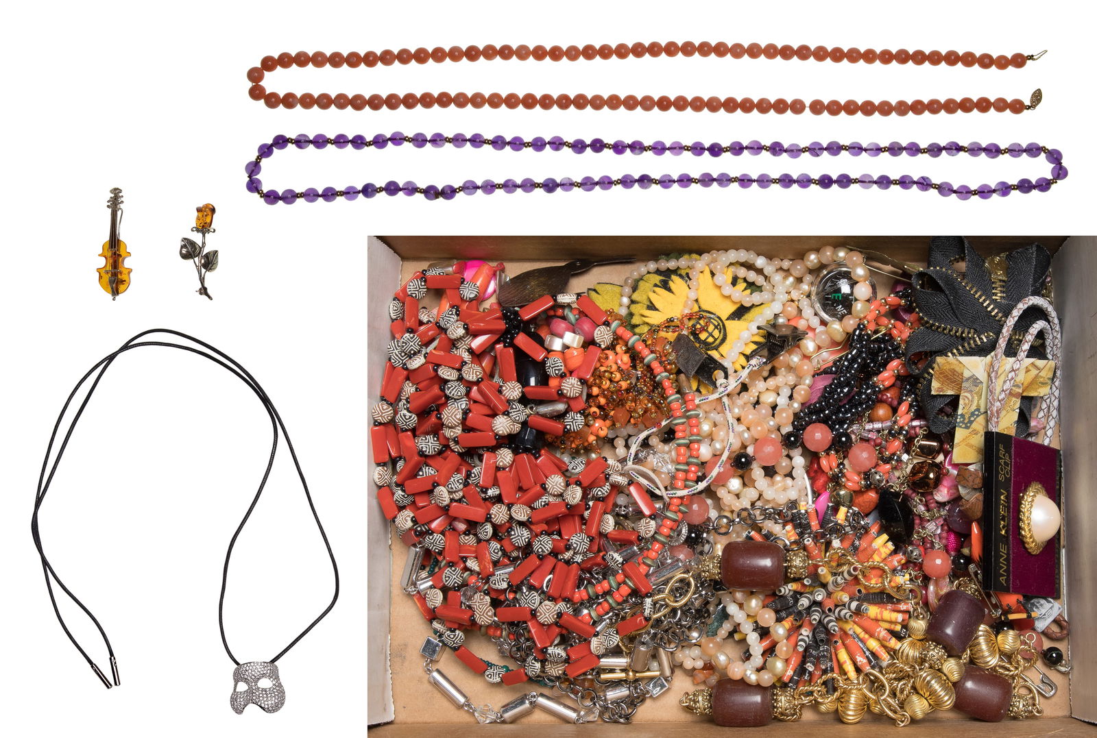 14k Yellow Gold, Sterling Silver and Costume Jewelry Assortment: 14k Yellow Gold, Sterling Silver and Costume Jewelry Assortment Including (2) gemstone beaded necklaces having gold accents and clasps (unmarked 14k), amber pins including a cello and a rose