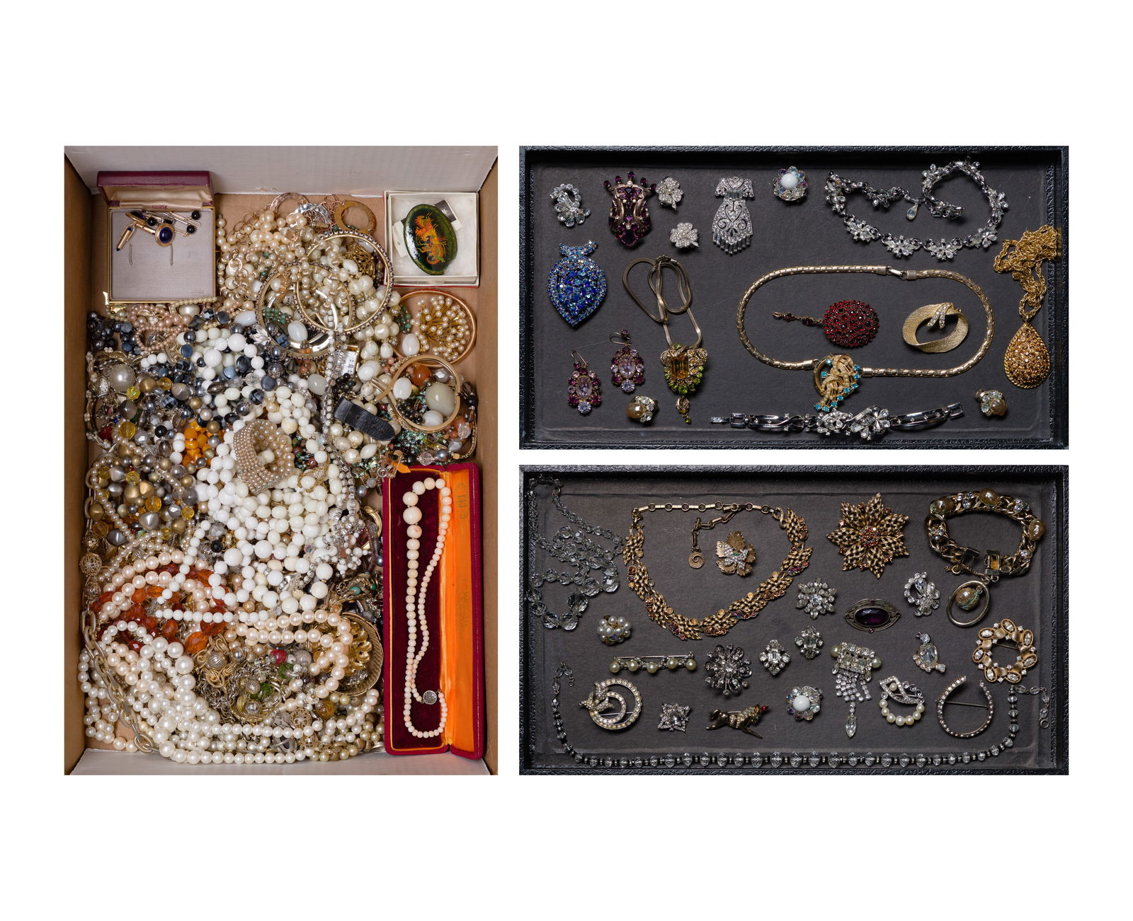 14k Gold, Sterling Silver, Rhinestone and Costume Jewelry Assortment: 14k Gold, Sterling Silver, Rhinestone and Costume Jewelry Assortment Approximately (10) pounds of jewelry including (4) earrings and backers (unmarked 14k), (2) rings (unmarked 0.925 silver) and