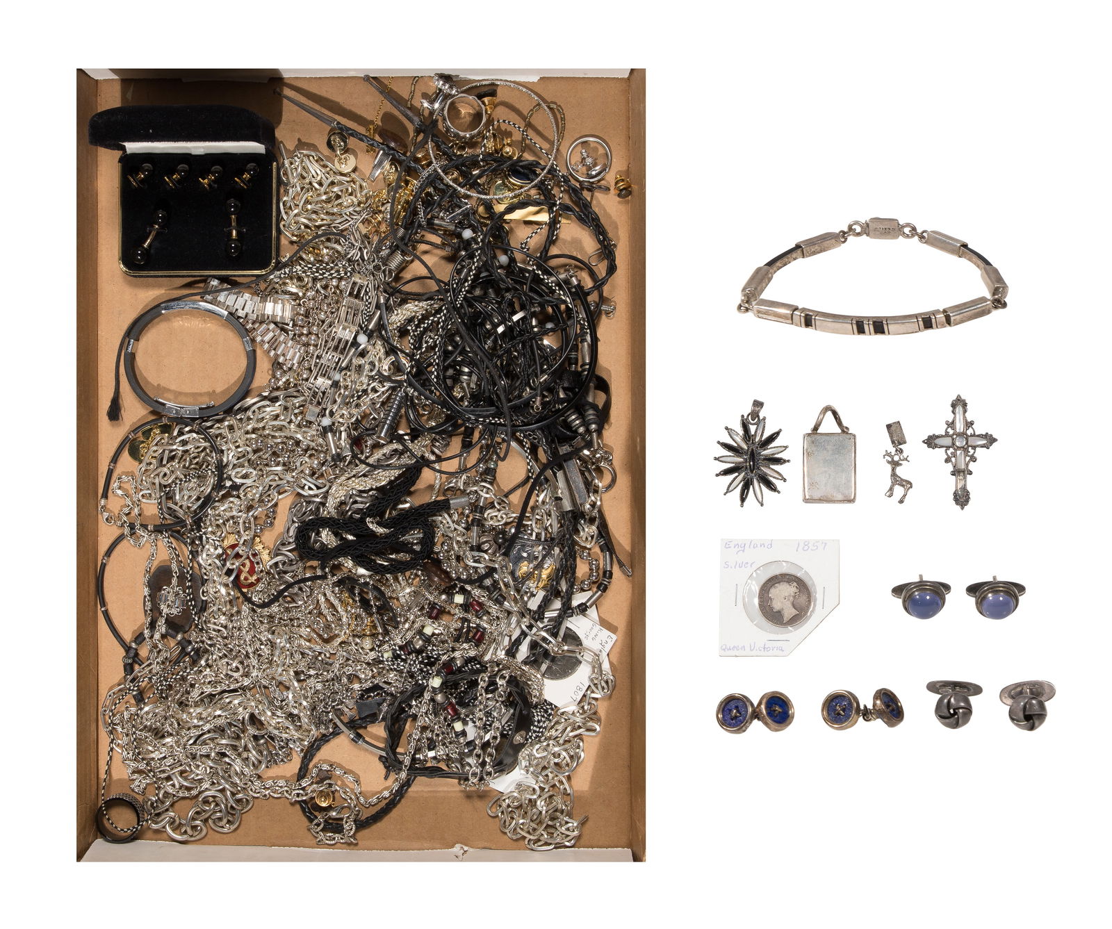 Sterling Silver and Costume Jewelry Assortment: Sterling Silver and Costume Jewelry Assortment Including a Georg Jensen cufflink set, (2) cufflink sets, a bracelet, (3) pendants and an 1857 English one schilling (all marked 'sterling' / '925'),