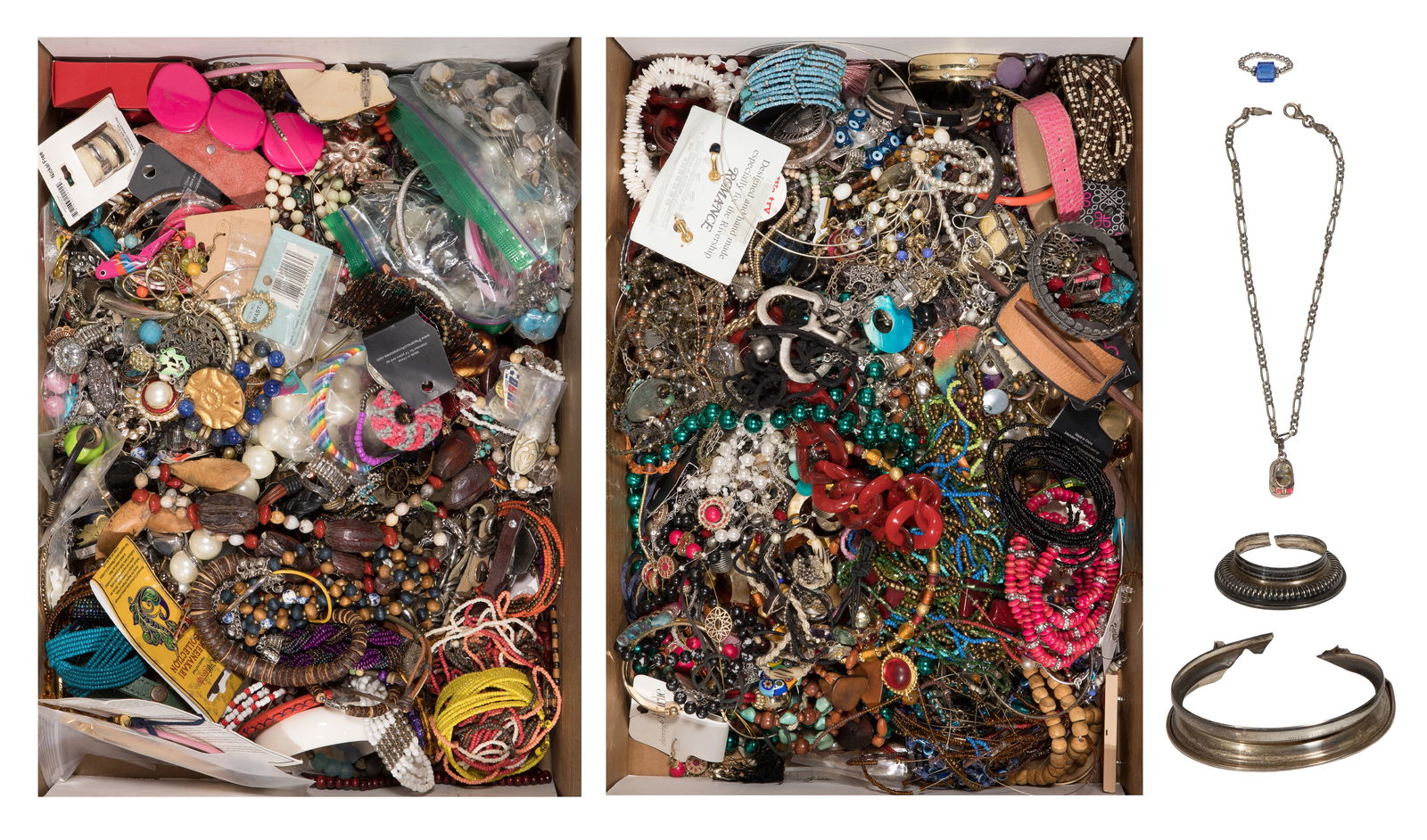 Sterling Silver and Costume Jewelry Assortment: Sterling Silver and Costume Jewelry Assortment Approximately (25) pounds of fashion jewelry including necklaces, bracelets, earrings, pins and pendants, some silver noted Property from: a