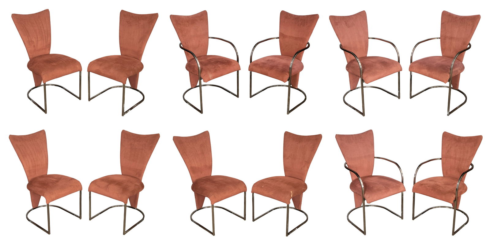 Design Institute of America Post Modern Upholstered Chair Collection: Design Institute of America Post Modern Upholstered Chair Collection A set of (12) chairs in the style of Milo Baughman including (6) armchairs and (6) side chairs, upholstered in a mauve faux