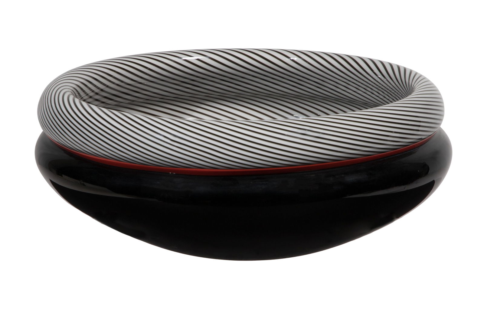 Lino Tagliapietra (Italian, b.1934) for Effetre International Murano Glass Bowl: Lino Tagliapietra (Italian, b.1934) for Effetre International Murano Glass Bowl 1985, signed, dated, #12/100 to underside, black glass bowl having black and white spiral design and red accent band