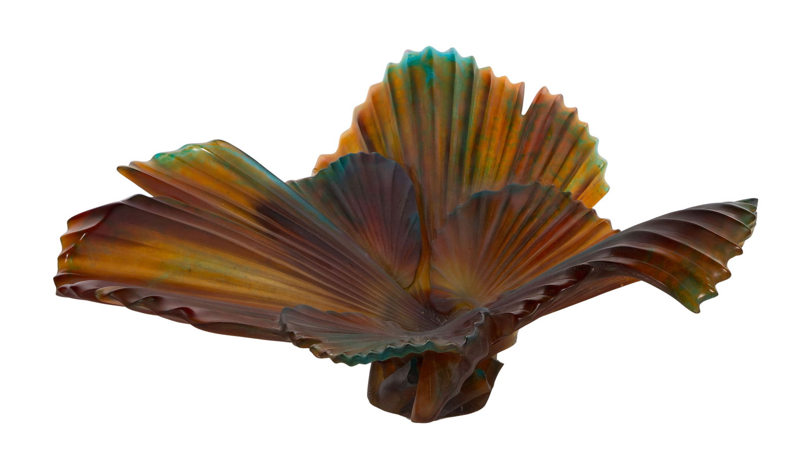 Emilio Robba for Daum Magnum Palm Center Bowl: Emilio Robba for Daum Magnum Palm Center Bowl Undated, signed pate de verre center bowl in mottled amber, #35/388 Property from: a Private Collector, Addison, Illinois Height: 10 1/4 inches,