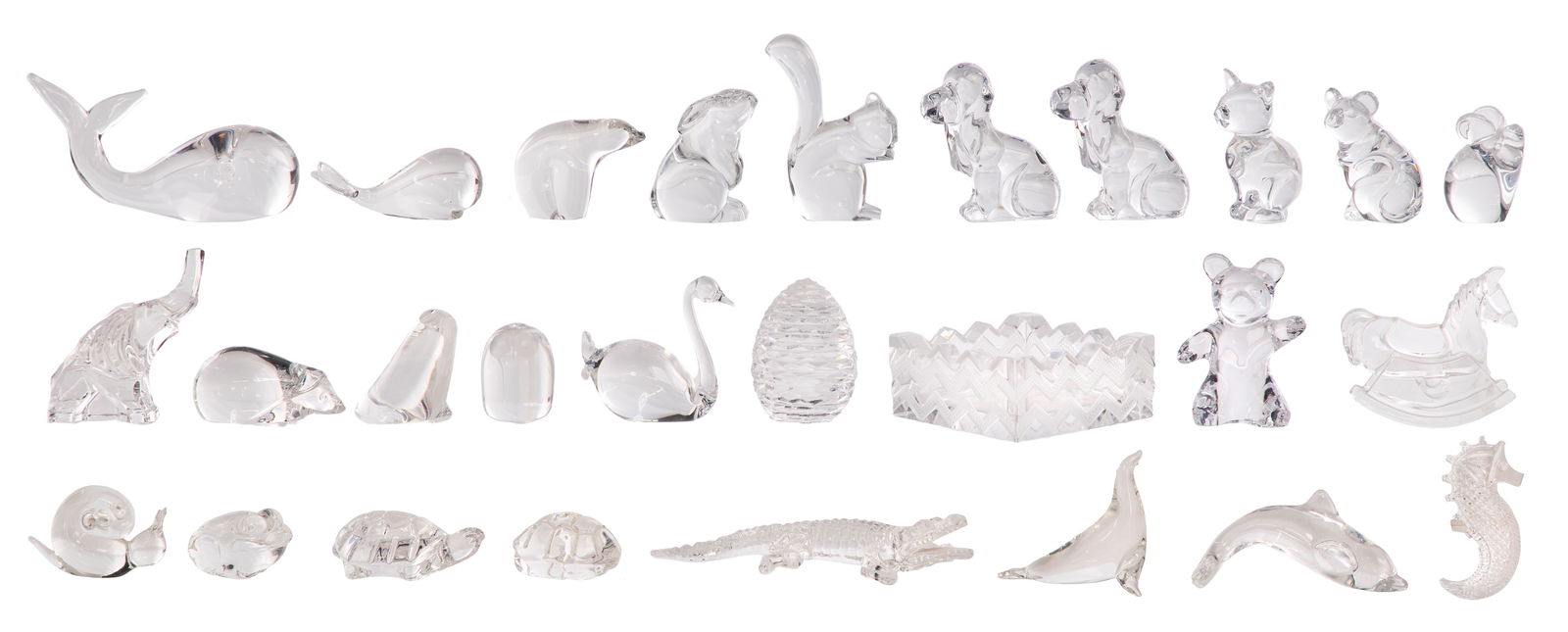 Glass Hand Cooler and Figurine Assortment: Glass Hand Cooler and Figurine Assortment (27) items including a Lalique Soudan ashtray as well as various hand coolers and figurines by Baccarat, Steuben, Daum, Haviland, Villeroy and Boch and