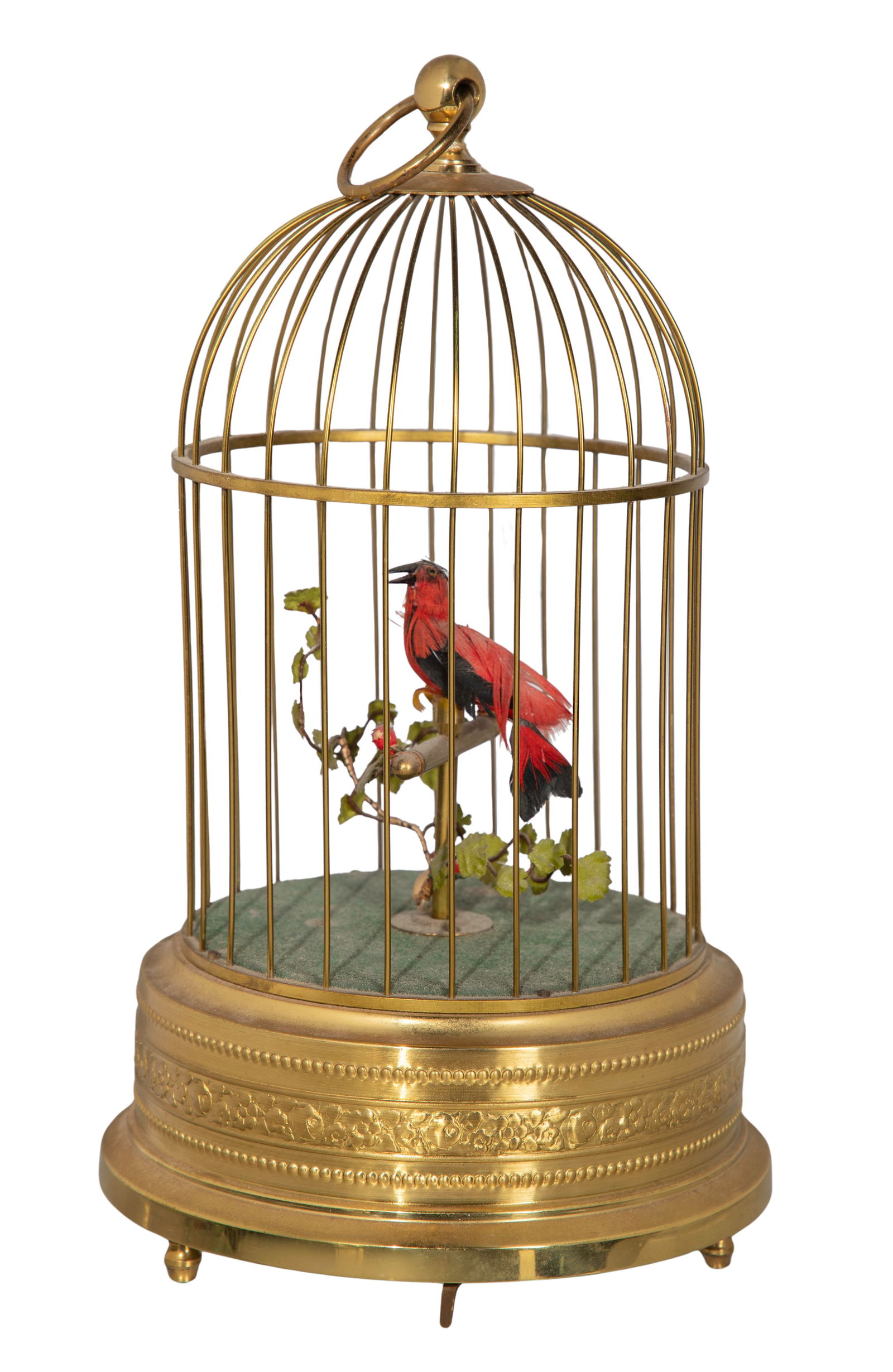 German Automaton Birdcage: German Automaton Birdcage A wind-up music box having a mechanical singing bird in a gold-tone cage, retaining a German production control tag Property from: a Private Collector, Chicago (Old