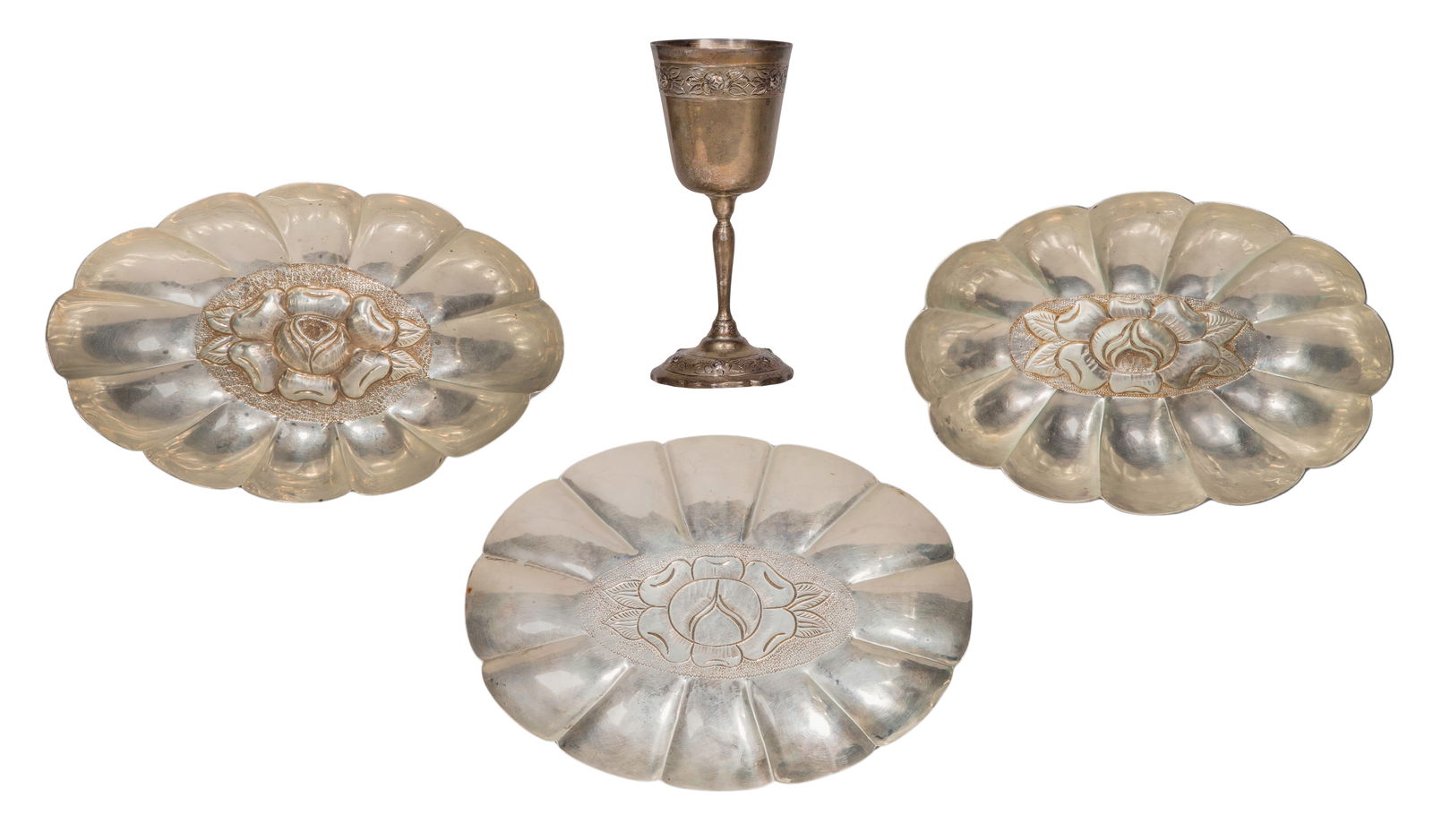 Mexican Sterling Silver Hollowware Assortment: Mexican Sterling Silver Hollowware Assortment (4) items including (2) scalloped bowls, a plate marked 'Maciel' and a goblet in the Aztec Rose pattern marked 'Sanborns' (all marked '0.925') 