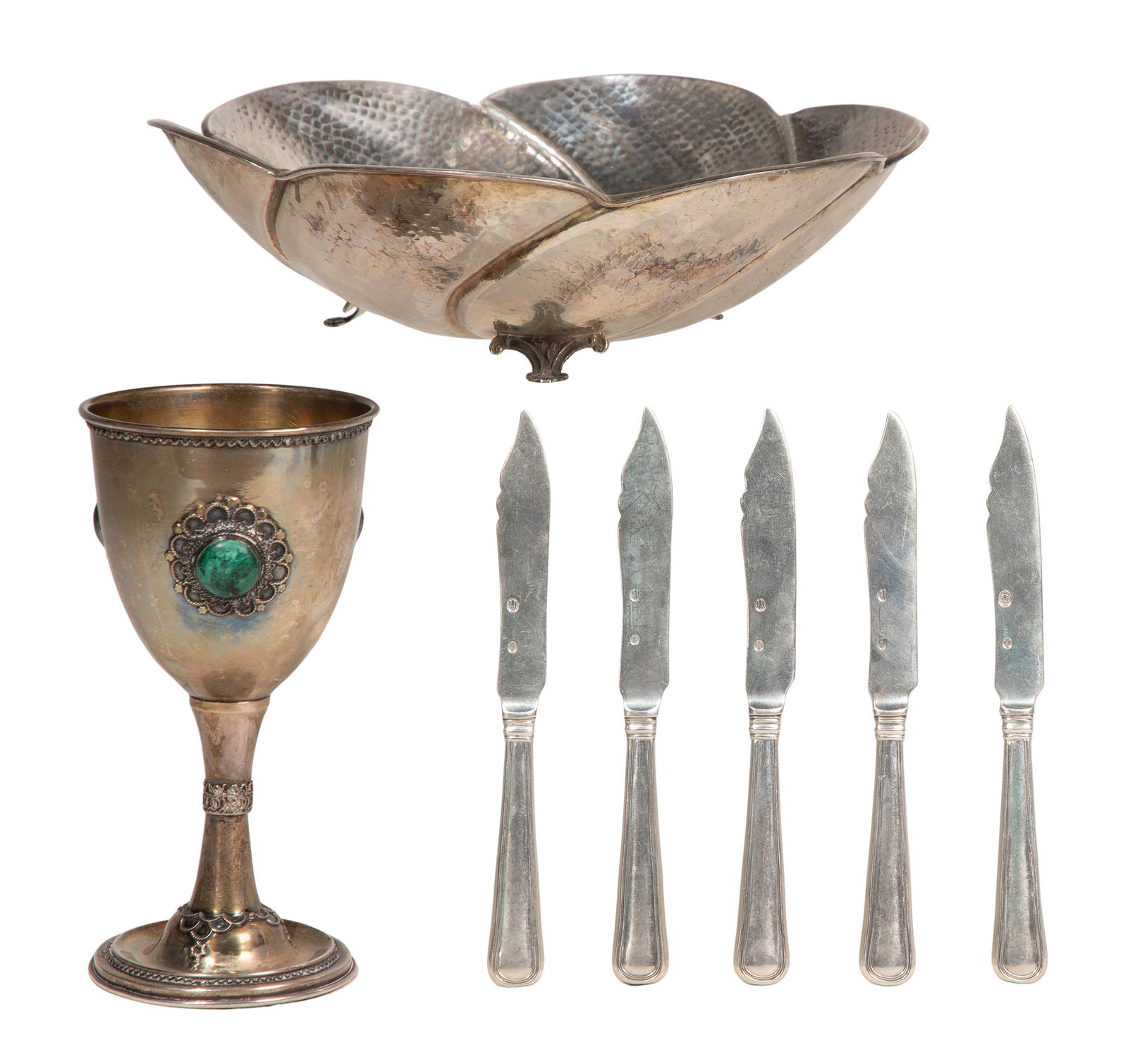 Sterling and European Silver Object Assortment: Sterling and European Silver Object Assortment (3) items including a goblet having set gemstones (marked 'sterling'), a hammered bowl (marked '0.900') and a set of (5) butter knives (unmarked