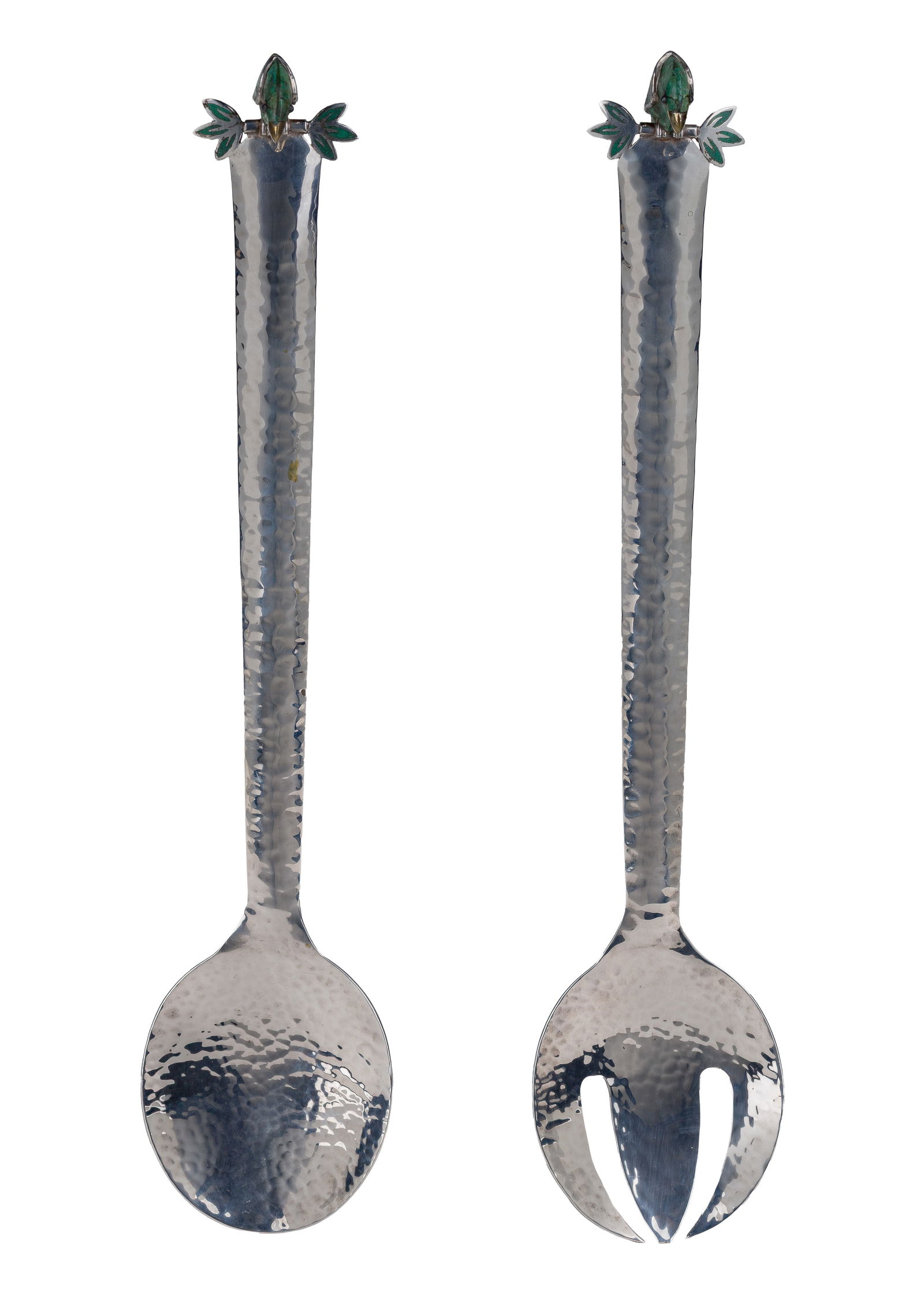 Emilia Castillo Mexican Malachite and Silverplate Parrot Serving Set: Emilia Castillo Mexican Malachite and Silverplate Parrot Serving Set Hand-hammered salad spoon and fork set having malachite parrots perched on the handles, stamped marks on backs Property