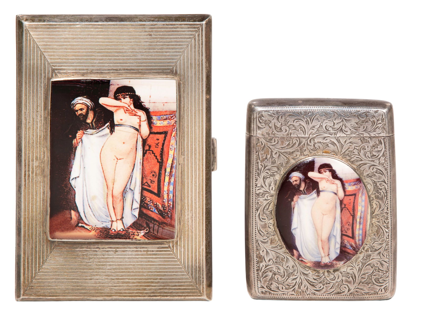 English Sterling Silver and Enamel Cigarette Cases: English Sterling Silver and Enamel Cigarette Cases (2) items having enamel Orientalist plaques based on 'The Slave Merchant' by Fabio Fabbi (marked with lion passant) Property from: a Private