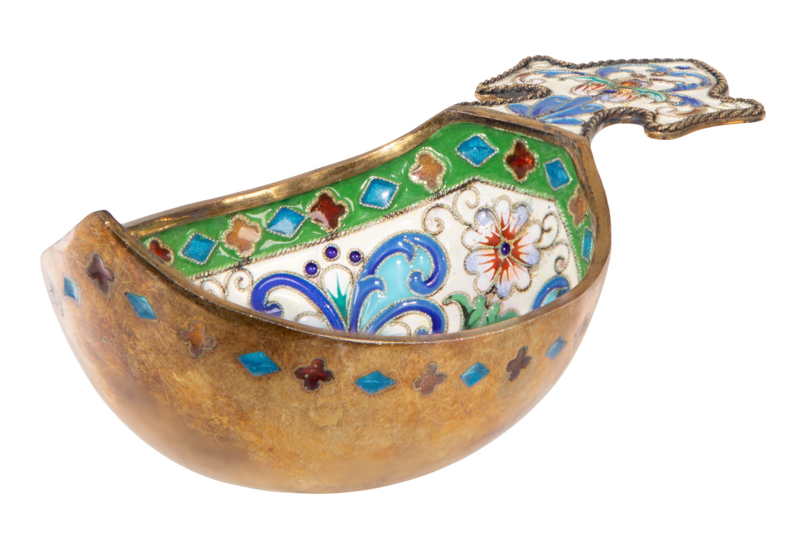 Russian Silver and Enamel Kovsh: Russian Silver and Enamel Kovsh Drinking vessel / ladle with a single handle and enamel floral motif (hallmarked and marked '84' on underside) Property from: a Private Collector, Rockford,