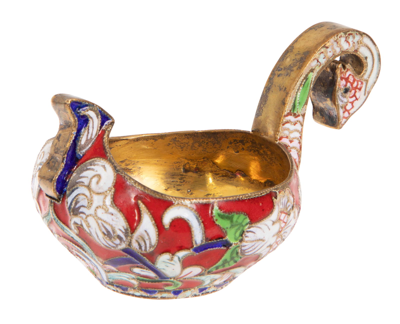 Russian Silver and Enamel Kovsh: Russian Silver and Enamel Kovsh 1896, drinking vessel / ladle of an oval bird form with a single handle, Anatoly Apollonvich Artsybashev assay mark, Aleksandr Vasilyevitch Snarsky kokoshnik mark