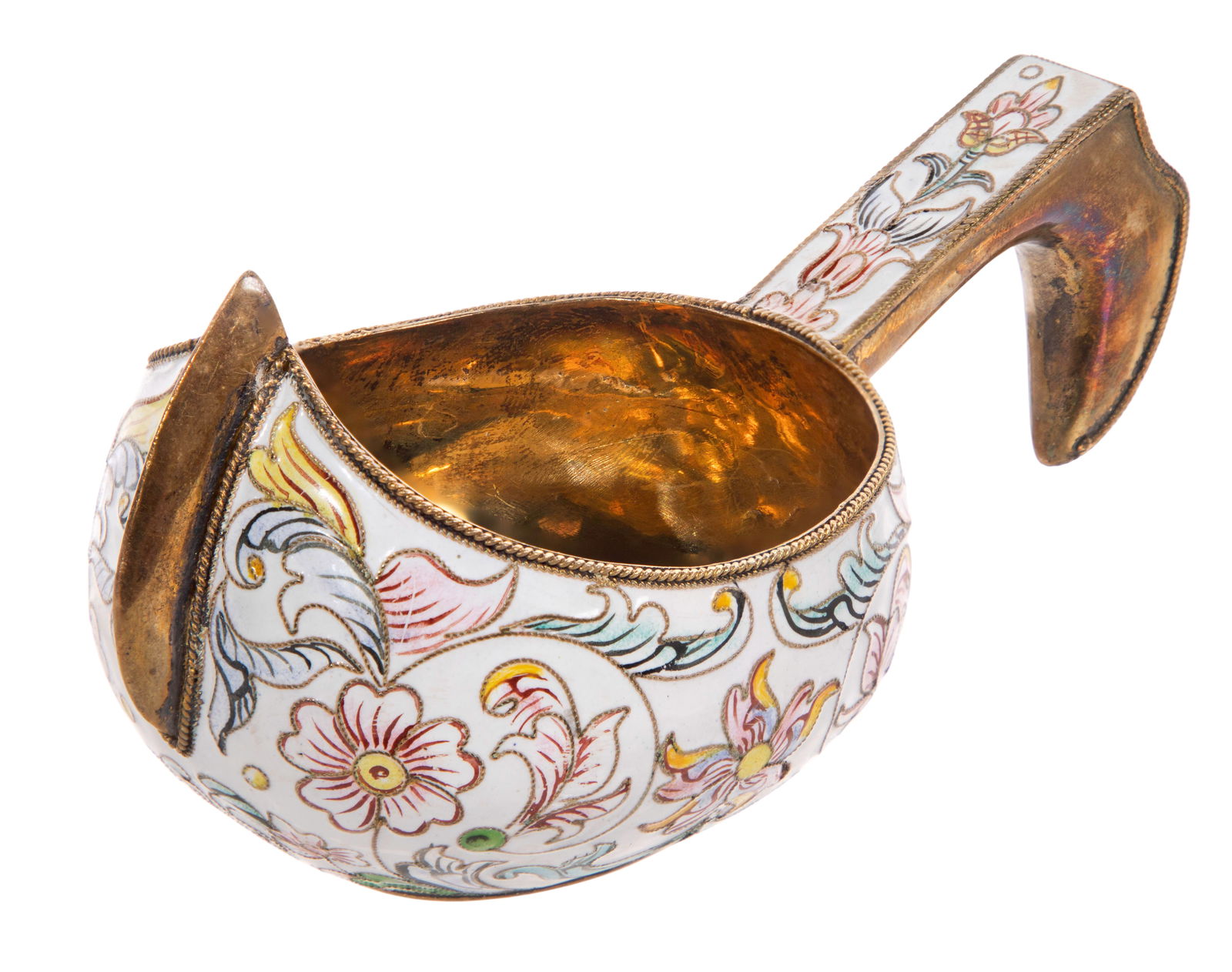 Russian Silver Gilt and Enamel Kovsh: Russian Silver Gilt and Enamel Kovsh c.1900, drinking vessel / ladle with a single handle, Aleksandr Nikolaievitch Snarsky kokoshnik mark, (hallmarked, marked '84' and 'K. Faberge' on underside) 