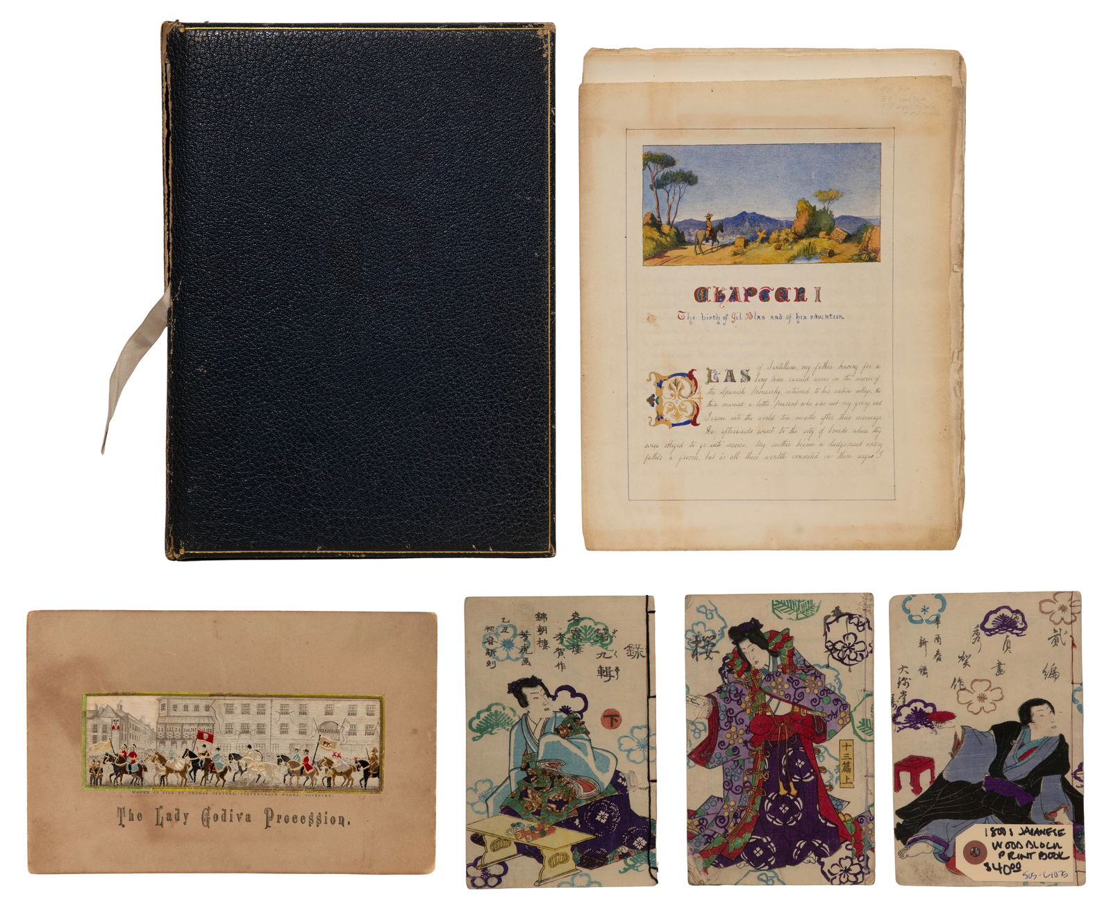 Hand Illuminated Manuscript Copy of Gil Blas: Hand Illuminated Manuscript Copy of Gil Blas (5) total items including a copy of Gil Blas, written by Alain-René Lesage (French, 1668-1747) in 1715, this anonymous English translation manuscript