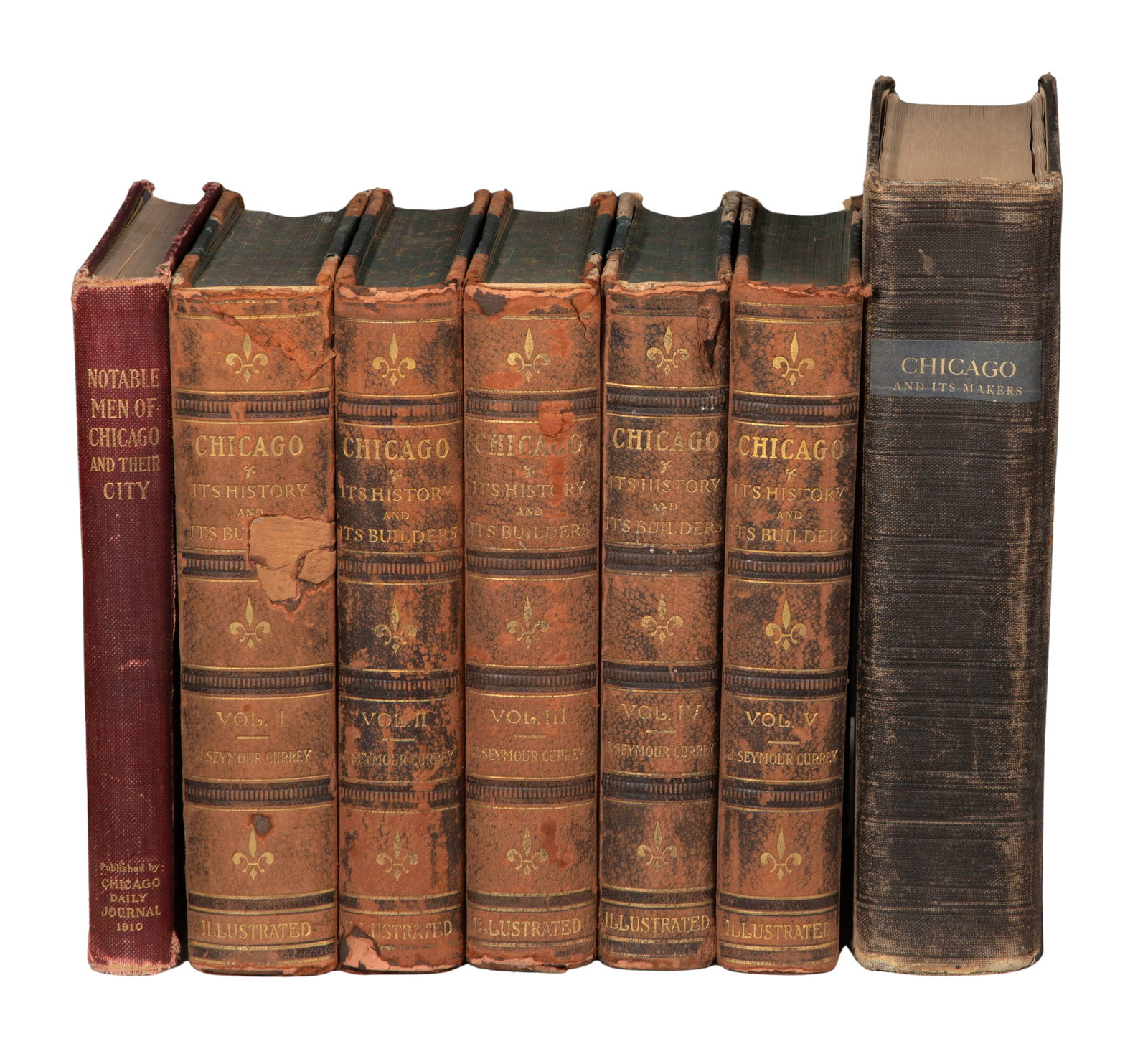 Chicago History Antiquarian Leather Bound Book Set: Chicago History Antiquarian Leather Bound Book Set (7) total volumes including a (5)-volume set of 'Chicago: Its History and Its Builders' by J. Seymour Currey, published by S. J. Clarke