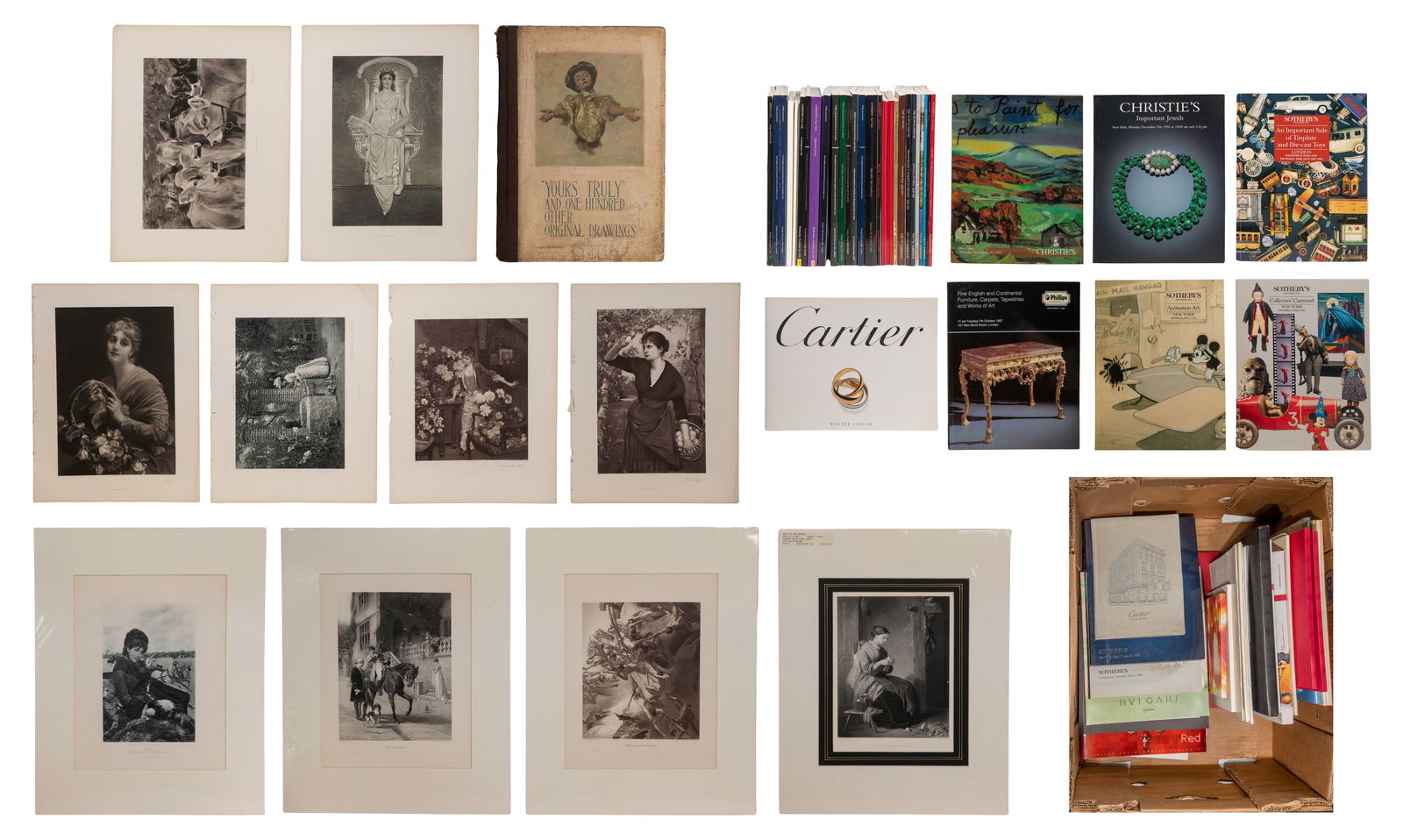 Book and Print Assortment: Book and Print Assortment Including the 1907 book 'Yours Truly and One Hundred Other Original Drawings' containing illustrations by James Montgomery Flagg and other celebrated American artists,