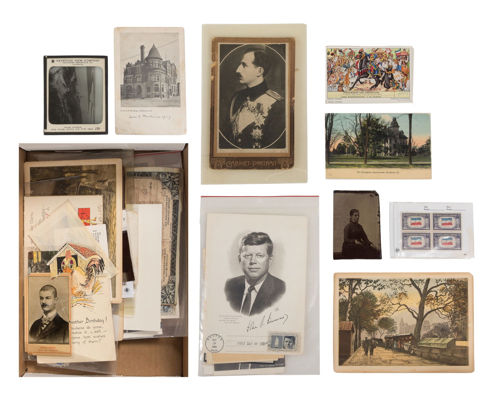Ephemera and Stamp Assortment: Ephemera and Stamp Assortment Including first issue JFK 1964 stamp, prayer cards and photograph cards, a President Tito calling card, USA non-canceled 5c stamps, 1987 Bulgarian mushroom stamp and