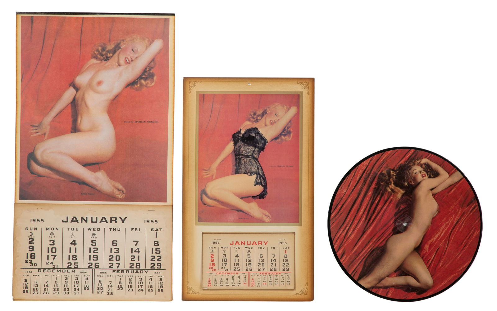 Marilyn Monroe Calendars and Record: Marilyn Monroe Calendars and Record (3) items including (2) pinup calendars of the Thomas Kelly 'Golden Dreams' having 1955 calendar pages as well as a photographic style album 'Running Wild'