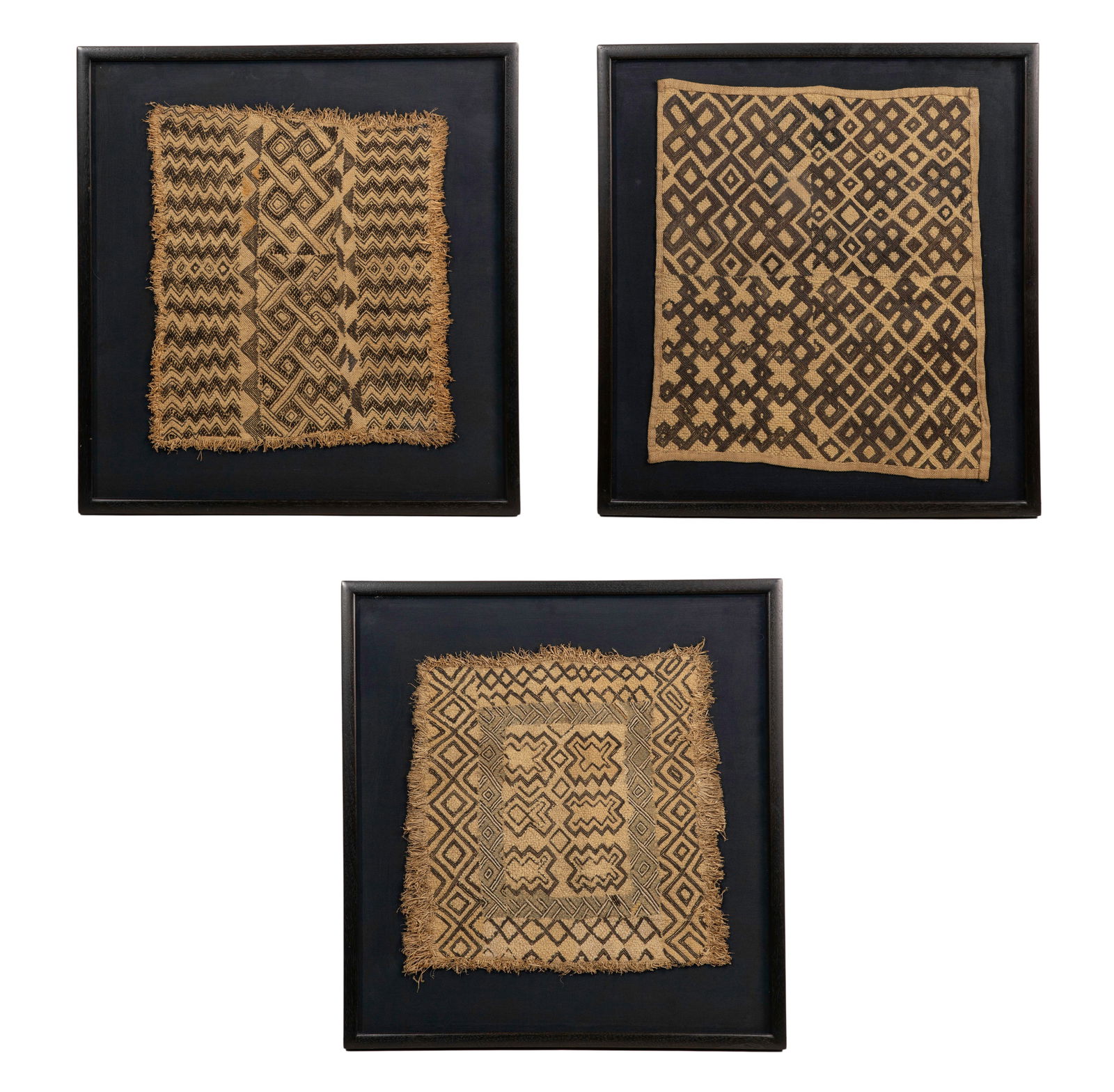 Kuba Kingdom (Zaire, 20th Century) Prestige Panel Assortment: Kuba Kingdom (Zaire, 20th Century) Prestige Panel Assortment (3) items, all square panels of embroidered raffia, float mounted in wood frames Property from: A Corporate Collection, Chicago,