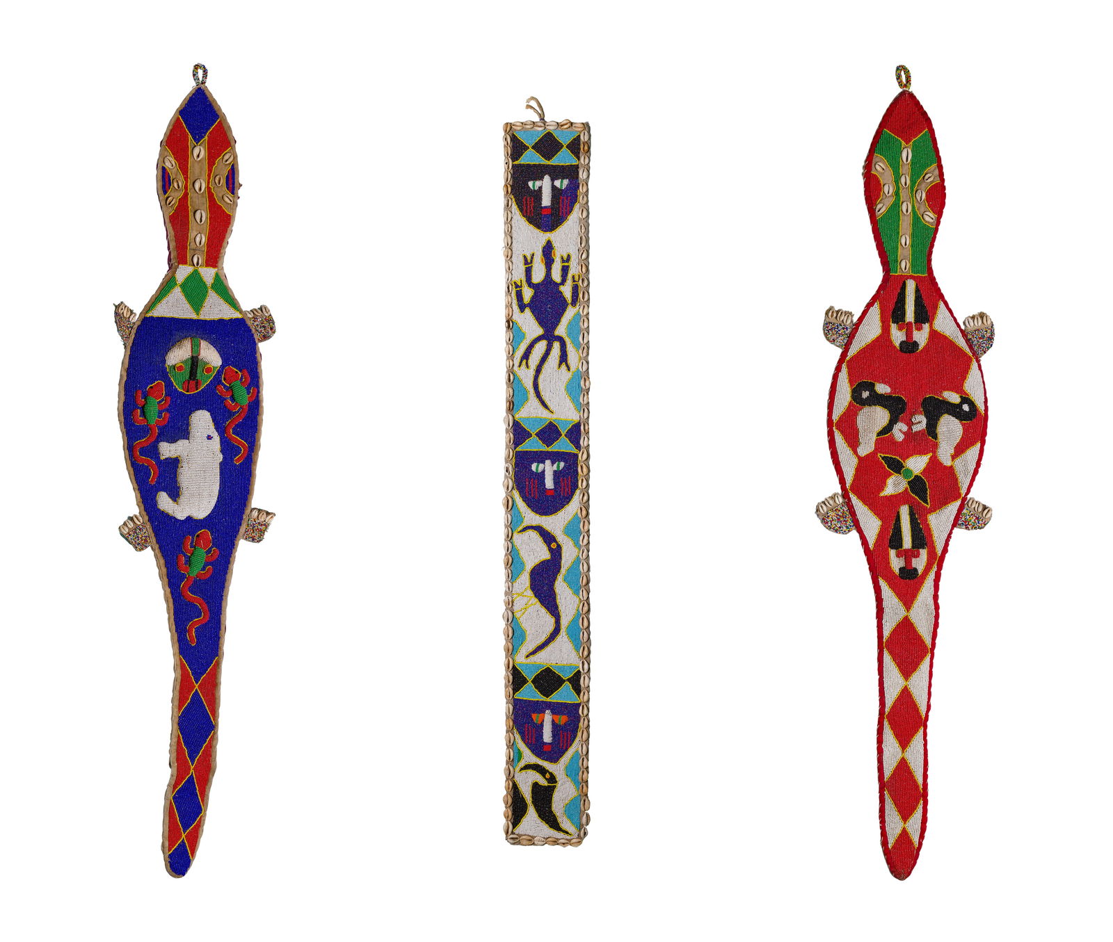 African Yoruba Beadwork Regalia: African Yoruba Beadwork Regalia (3) densely-beaded items including (2) sashes and a wall hanging depicting turtles, snakes and Yoruba faces Property from: a Private Collector, Naperville,