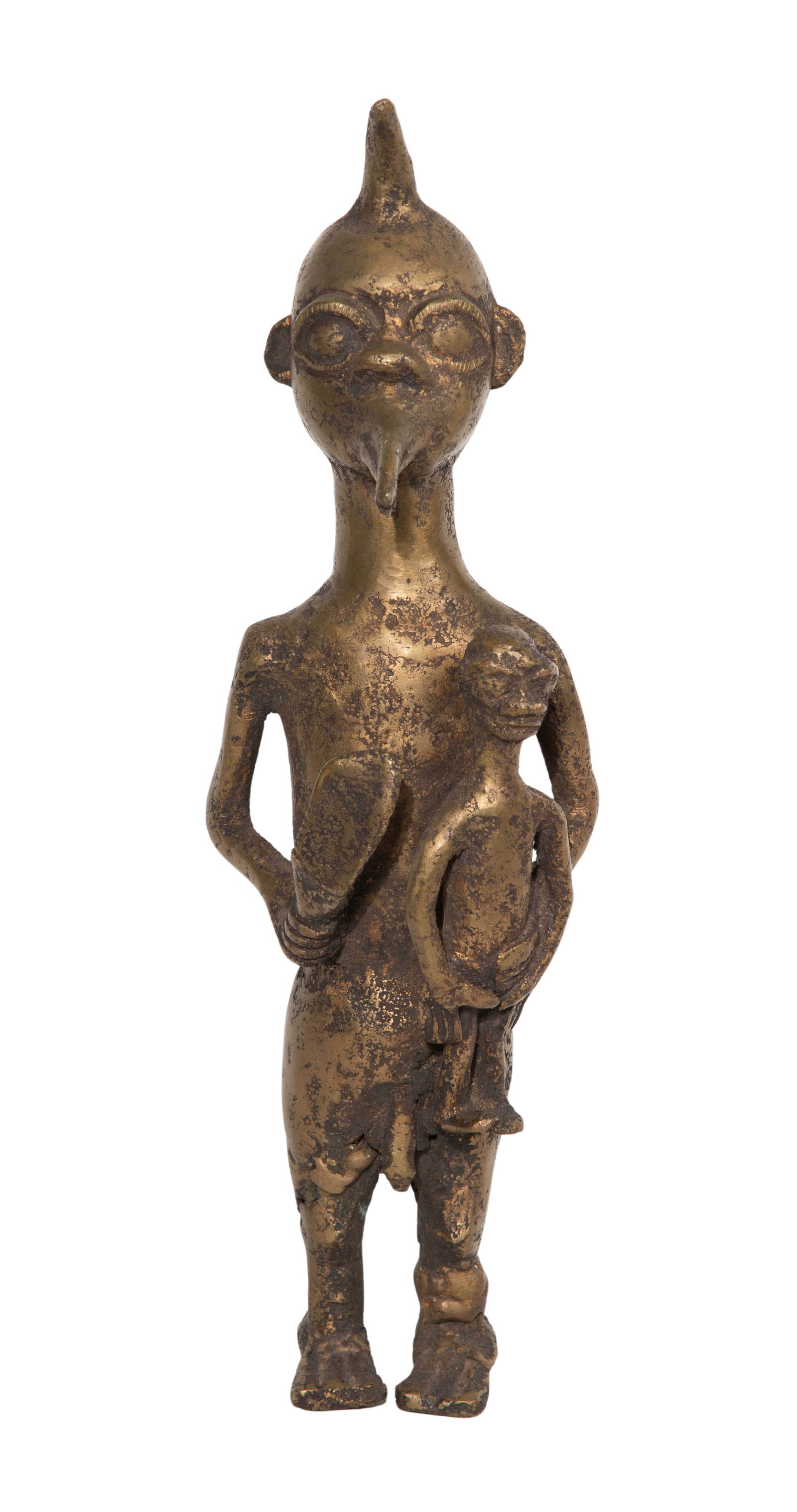 Benin Style Bronze Sculpture: Benin Style Bronze Sculpture Standing figure having a beak mouth and a horn, depicted holding another figure Property from: an Estate, Downers Grove, Illinois Height: 13 inches, Width: 4 inches, Depth