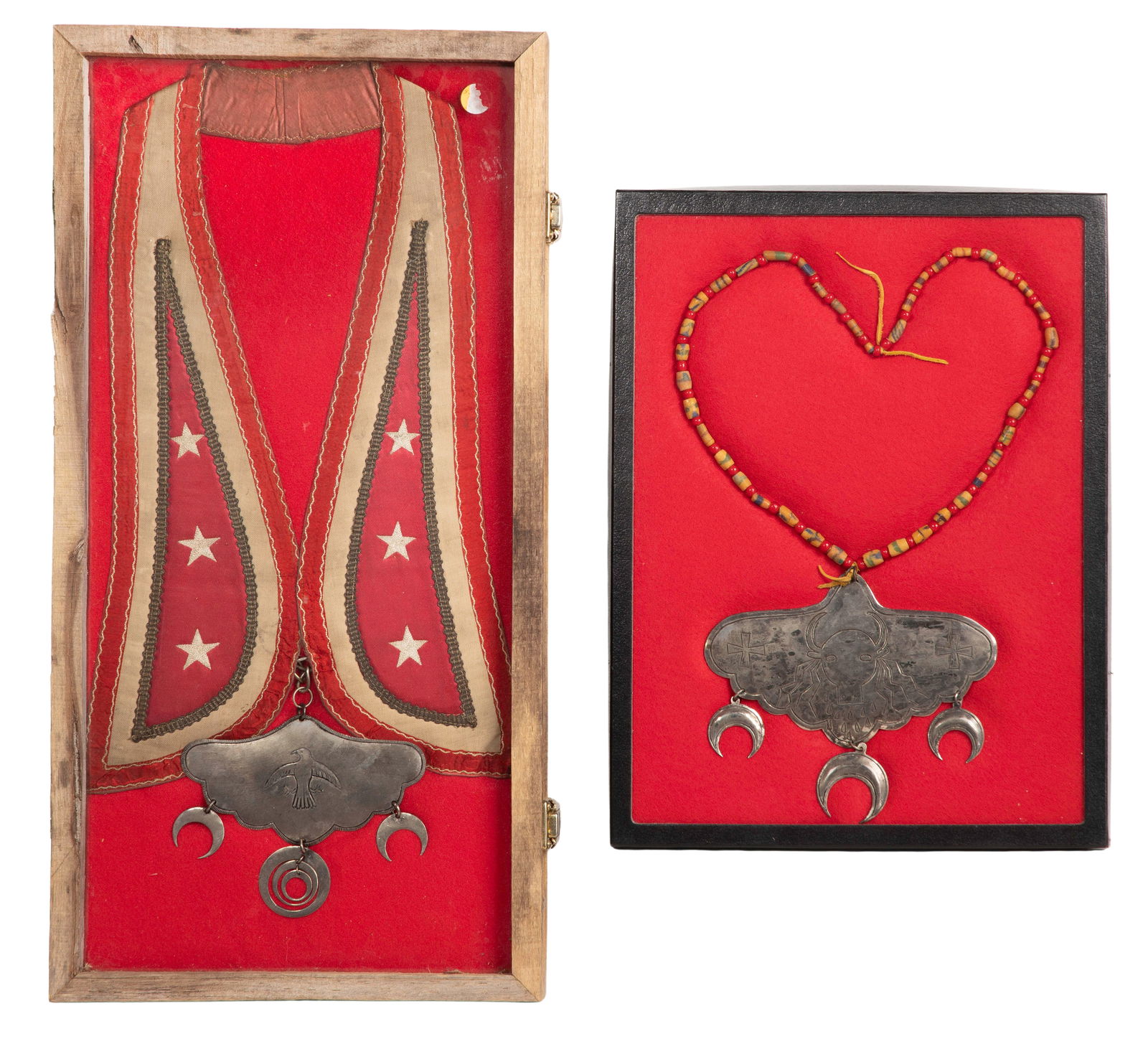 Native American Gorget Jewelry: Native American Gorget Jewelry (2) items of heritage jewelry, engraved metal having tribal symbols worn as throat protectors in battle, one having a beaded necklace and the other on a fabric