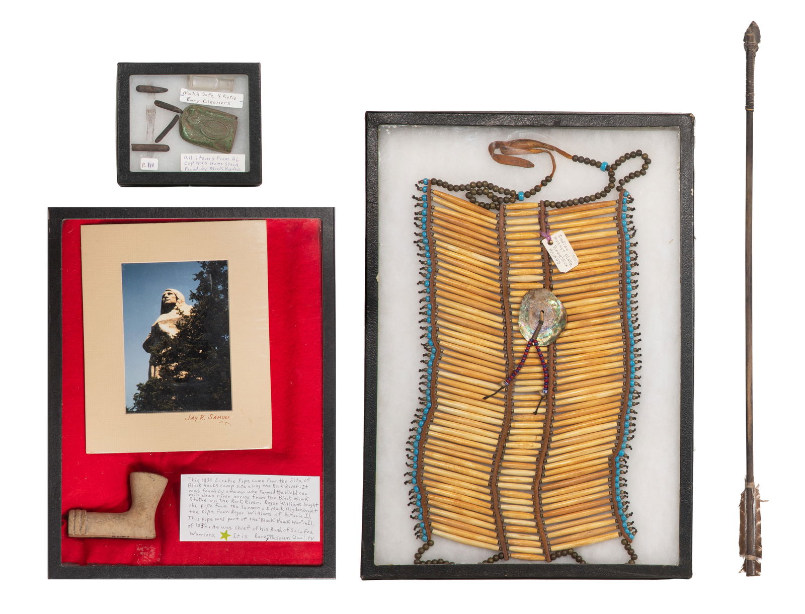 Native American Object Assortment: Native American Object Assortment (4) total items including a pipe, a breastplate and an arrow with tip; together with a display box of items including a match safe and emery cleaners, most in