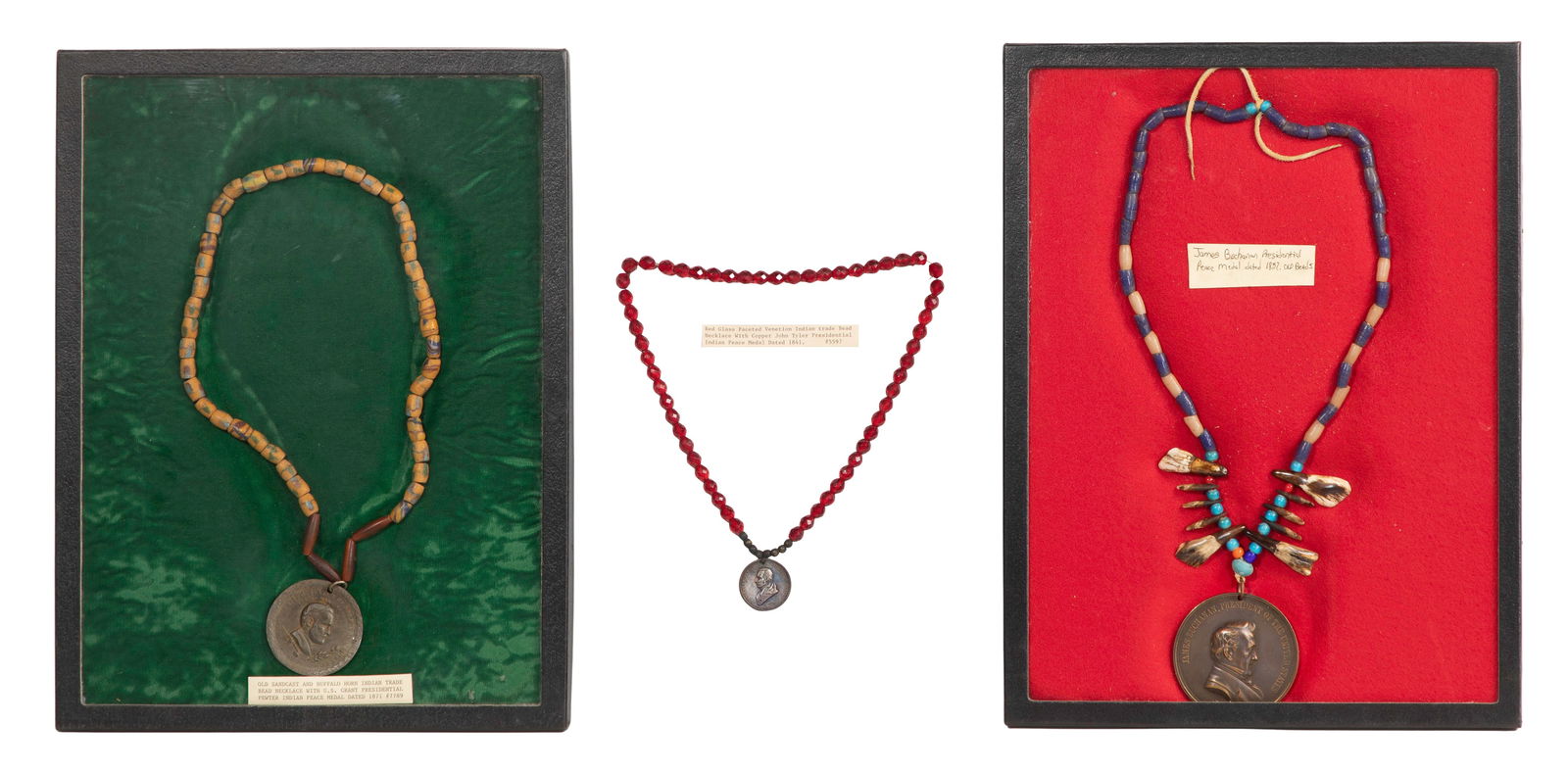 Presidential Peace Medal and Necklace Assortment: Presidential Peace Medal and Necklace Assortment (3) reproduction bronze medallions of the Presidential Peace Medal presented to tribal chiefs to honor brokered peace treaties, including President