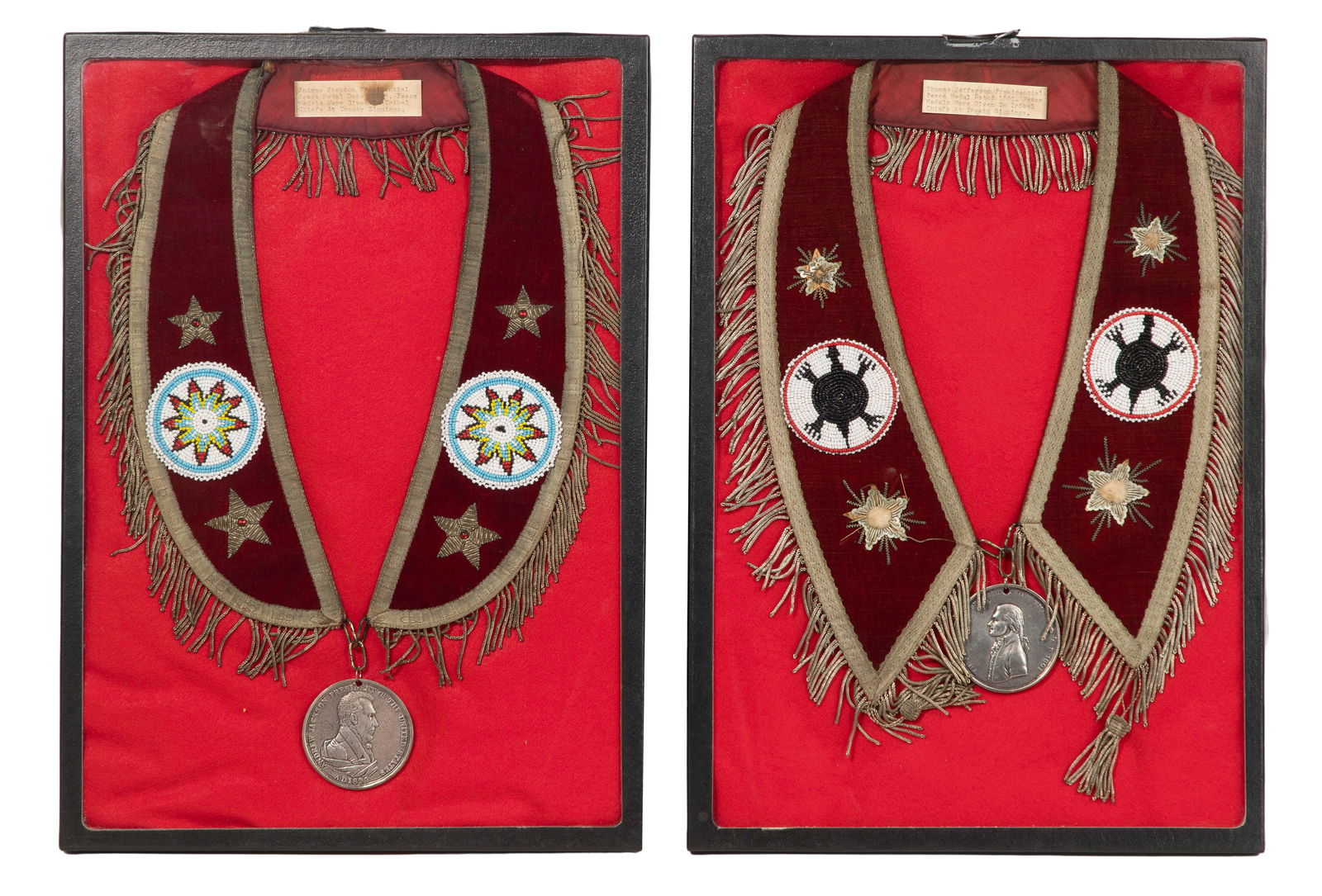 Presidential Peace Medals and Collars: Presidential Peace Medals and Collars (2) reproduction bronze medallions of the Presidential Peace Medal presented to tribal chiefs to honor brokered peace treaties, including President Thomas