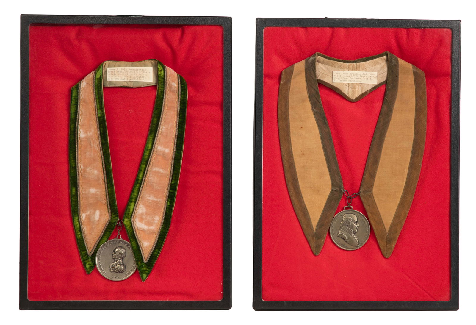 Presidential Peace Medals and Collars: Presidential Peace Medals and Collars (2) reproduction bronze medallions of the Presidential Peace Medal presented to tribal chiefs to honor brokered peace treaties, including President James Polk