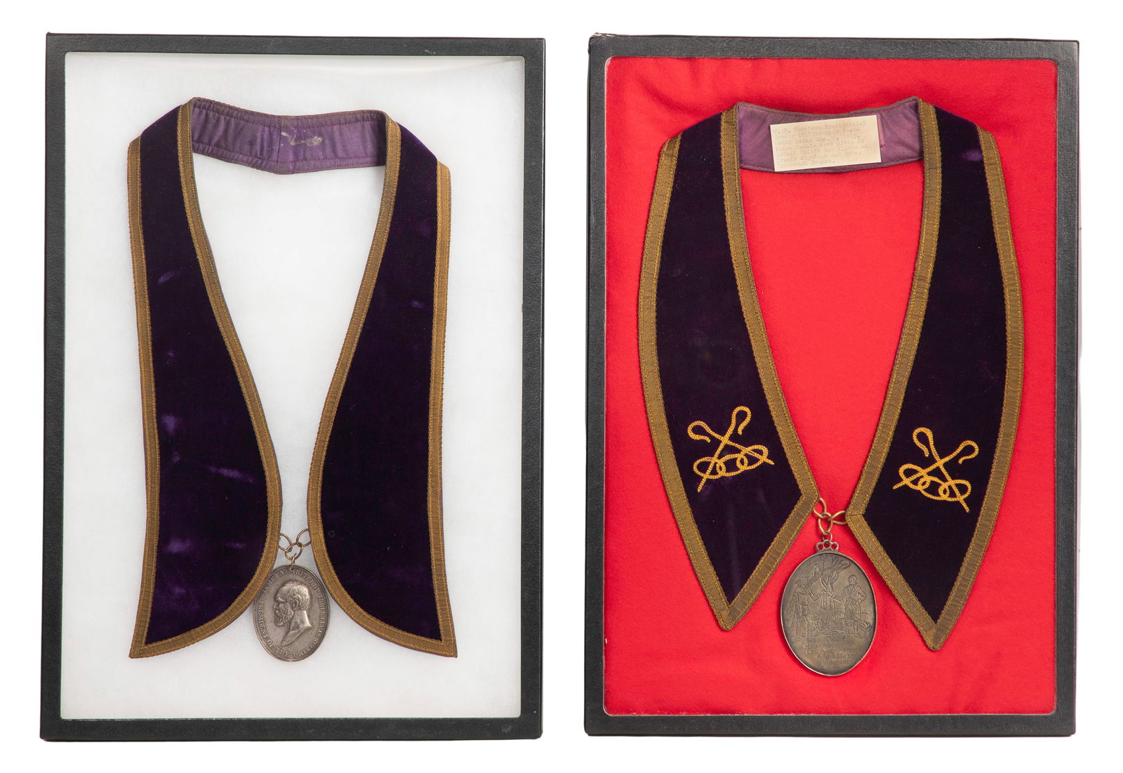 Presidential Peace Medals on Collars: Presidential Peace Medals on Collars (2) reproduction bronze medallions of the Presidential Peace Medal presented to tribal chiefs to honor brokered peace treaties, including President W. H.