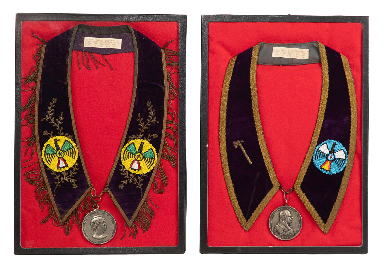 Presidential Peace Medals on Collars: Presidential Peace Medals on Collars (2) reproduction bronze medallions of the Presidential Peace Medal presented to tribal chiefs to honor brokered peace treaties, including President John Quincy