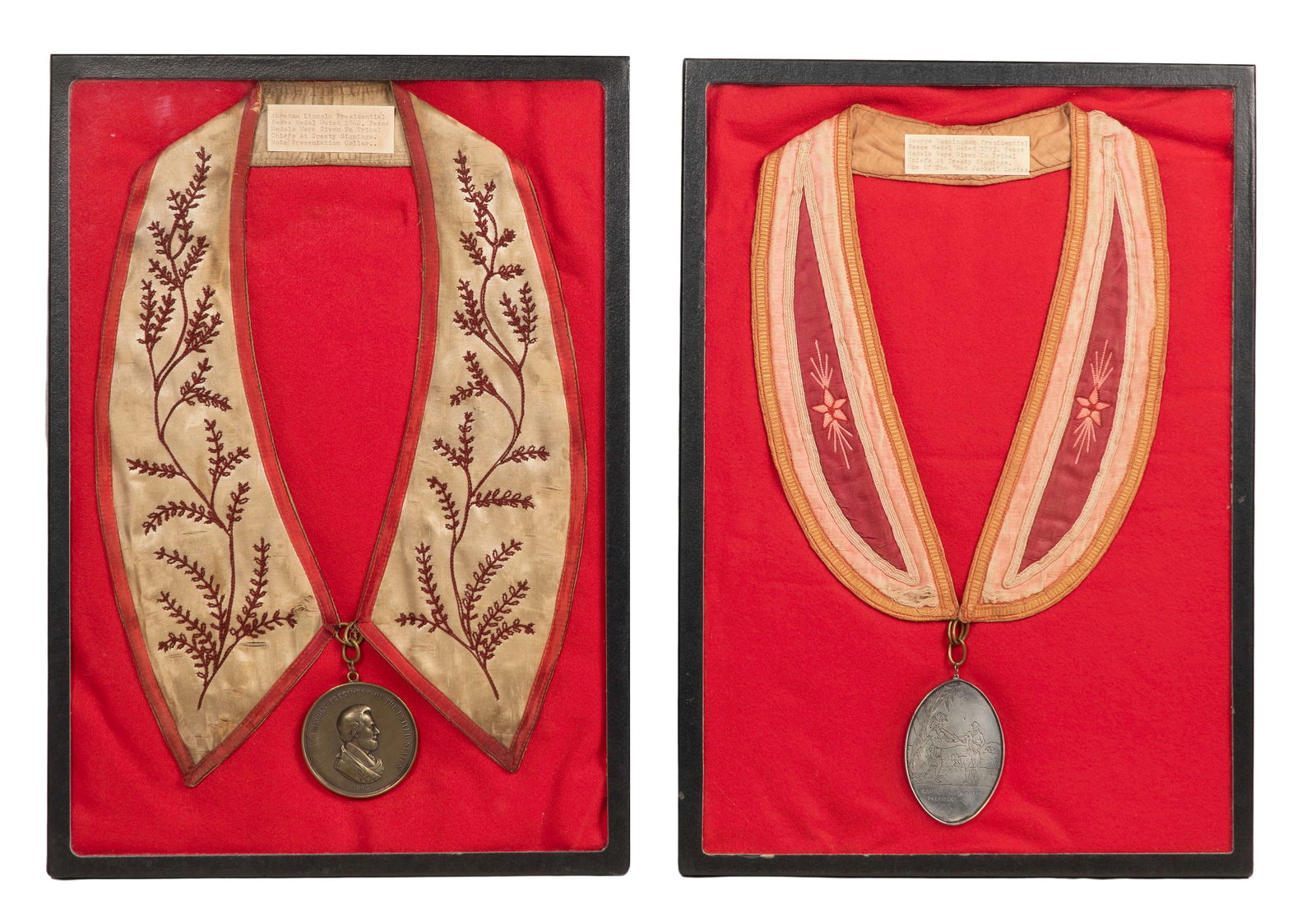 Presidential Peace Medals on Collars: Presidential Peace Medals on Collars (2) reproduction bronze medallions of the Presidential Peace Medal presented to tribal chiefs to honor brokered peace treaties, including President George