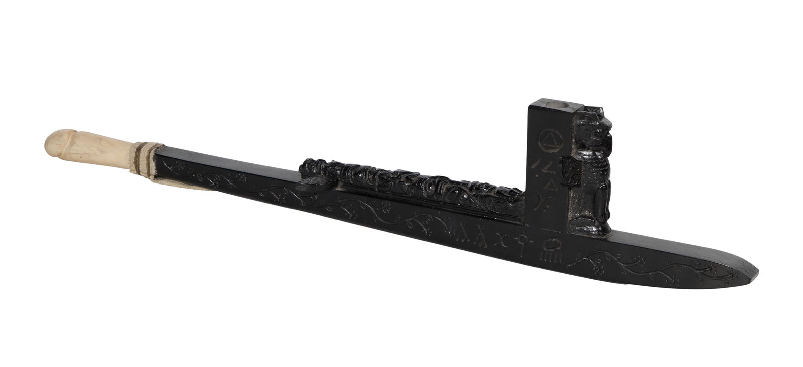 Pacific Northwest Coast Style Shaman Chief Kitpou Carved Pipe: Pacific Northwest Coast Style Shaman Chief Kitpou Carved Pipe Signed James Albert Munster (Algonquin, 1923-88), painted and carved wood pipe having applied carved totems and leather wrapped