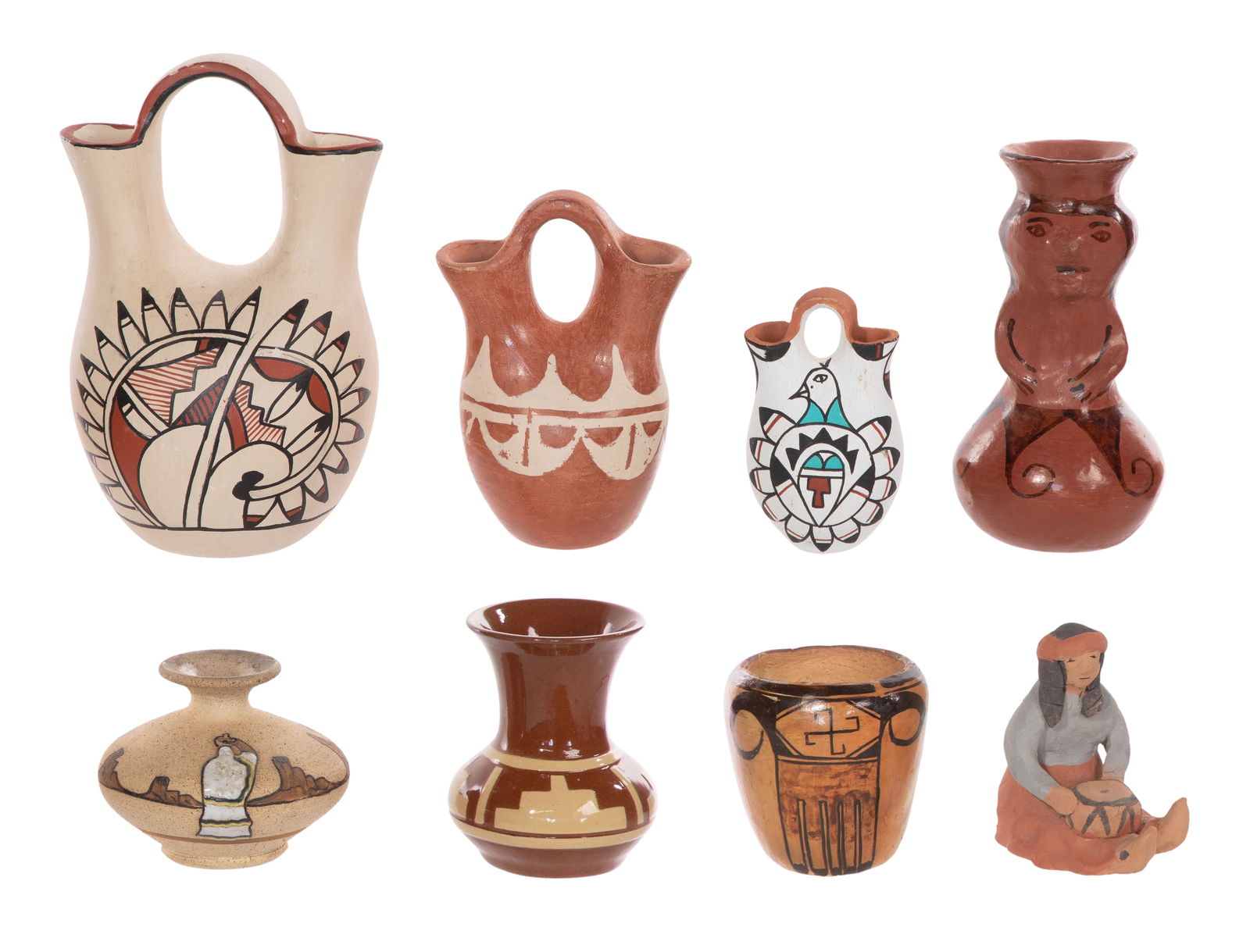 Native American Pottery Assortment: Native American Pottery Assortment (8) items including (2) wedding vases signed from the Jemez pueblo, another wedding vase, a Hopi pot, a figurine and various vases Property from: an Estate, Downers