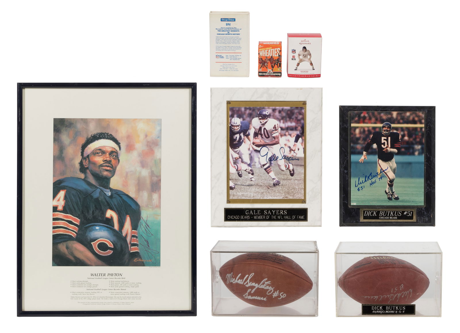 Chicago Bears Signed Memorabilia Assortment: Chicago Bears Signed Memorabilia Assortment (8) items including (2) footballs signed by Mike Singletary and Dick Butkus, (2) plaques signed by Gale Sayers and Dick Butkus, a painting having