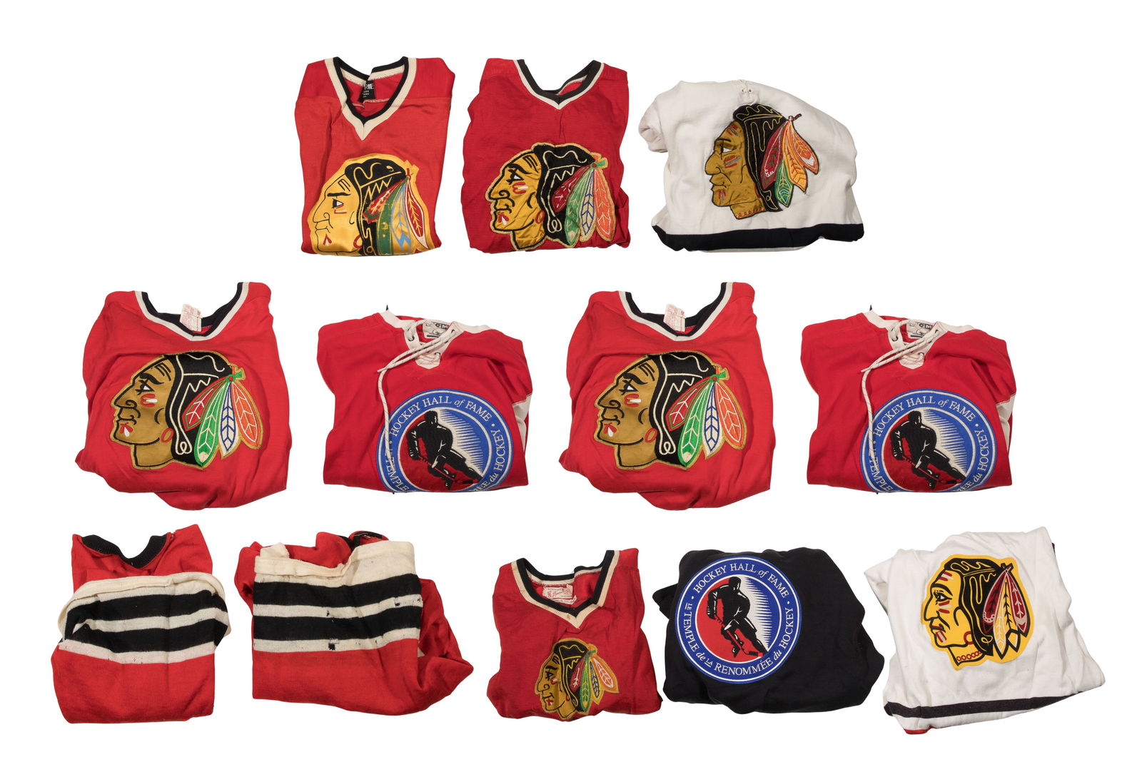 Hockey Knit Jersey Assortment: Hockey Knit Jersey Assortment (12) items including a twice-signed Cliff Koroll #20, practice jerseys and (2) 'Hockey Hall of Fame / Le Temple de La Renommee du Hockey' Property from: an Estate,