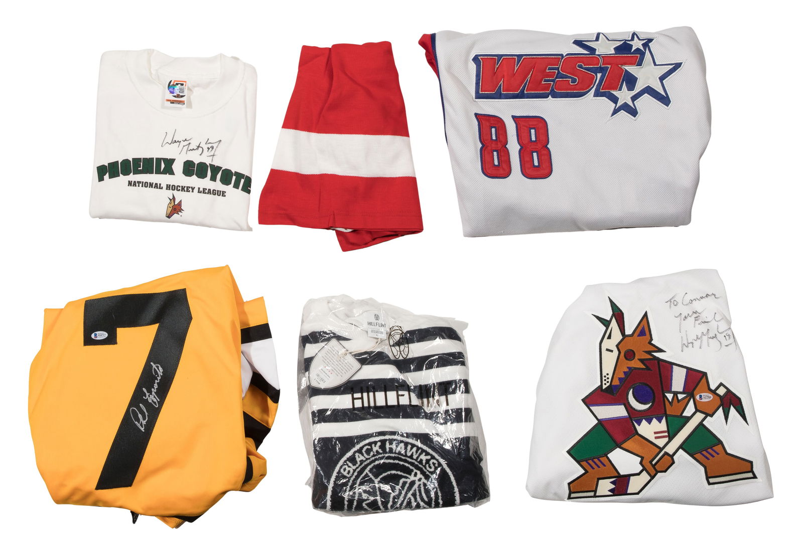 Signed Hockey Clothing Assortment, Beckett COA: Signed Hockey Clothing Assortment, Beckett COA (6) total items including a Denver Coyote jersey, a Phil Esposito jersey and a Wayne Gretzky t-shirt, all signed, having Beckett COAs; together with