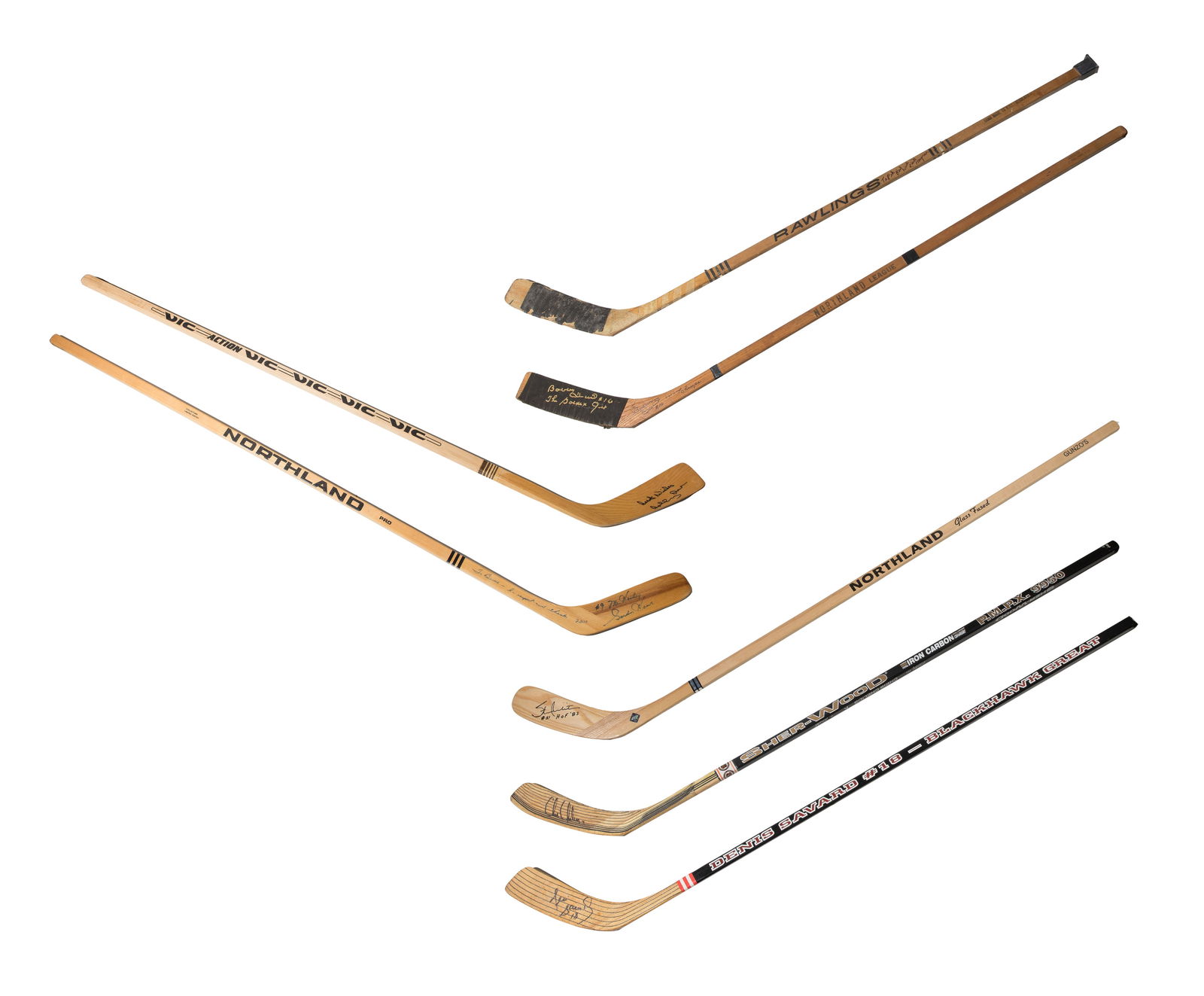 Signed Hockey Stick Assortment: Signed Hockey Stick Assortment (7) items including sticks signed by Stan Makita and Bobby Orr having COA, as well as sticks signed by Keith Magnuson, Bobby Hull, Chris Chelios and others 