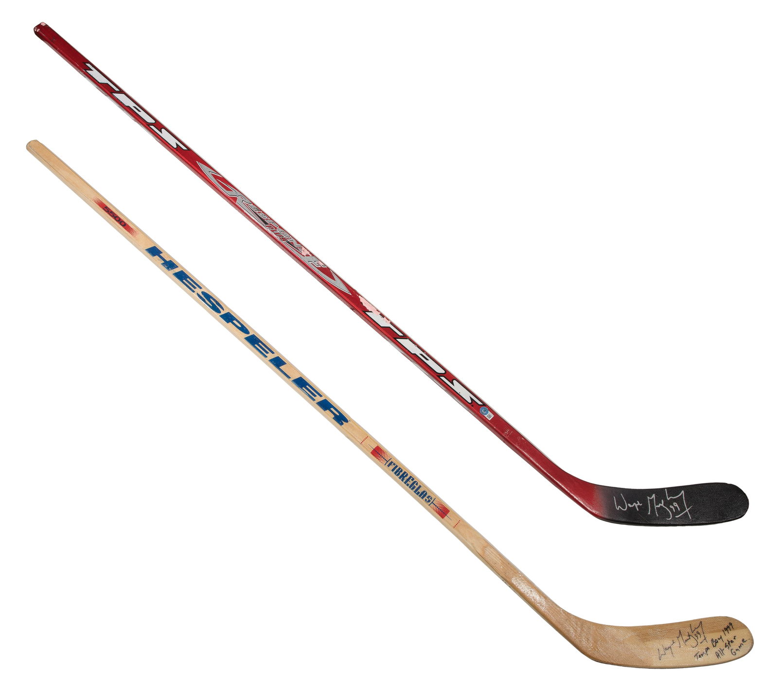 Wayne Gretzky Signed Hockey Sticks, Beckett COA: Wayne Gretzky Signed Hockey Sticks, Beckett COA (2) 1999 signed sticks including a game model TPS stick having Beckett COA and a Hespeler model 5500 left handed stick signed 'Tampa Bay All Star