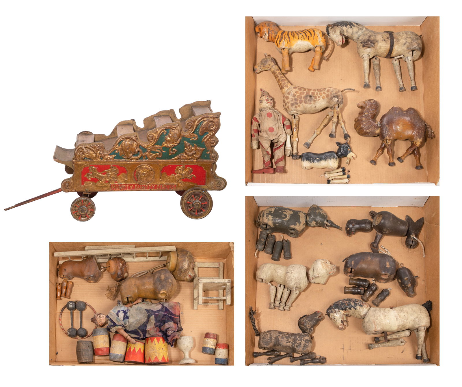 Schoenhut Humpty Dumpty Circus Toy Assortment: Schoenhut Humpty Dumpty Circus Toy Assortment Approximately (25) pieces of painted wood including a Circus Parade Band Wagon having applied molded composite elements, (2) horses, (2) lions, a