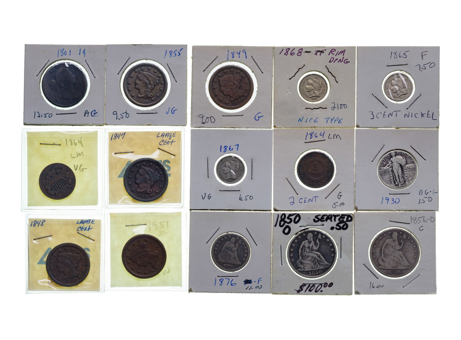 US Type Coin Assortment: US Type Coin Assortment Including (2) Seated 50c, a Seated 25c, a Standing 25c, (3) 3c nickels, (2) Shield 2c, a Bust 1c and (5) Large 1c Property from: a Private Collector, Addison, Illinois Category