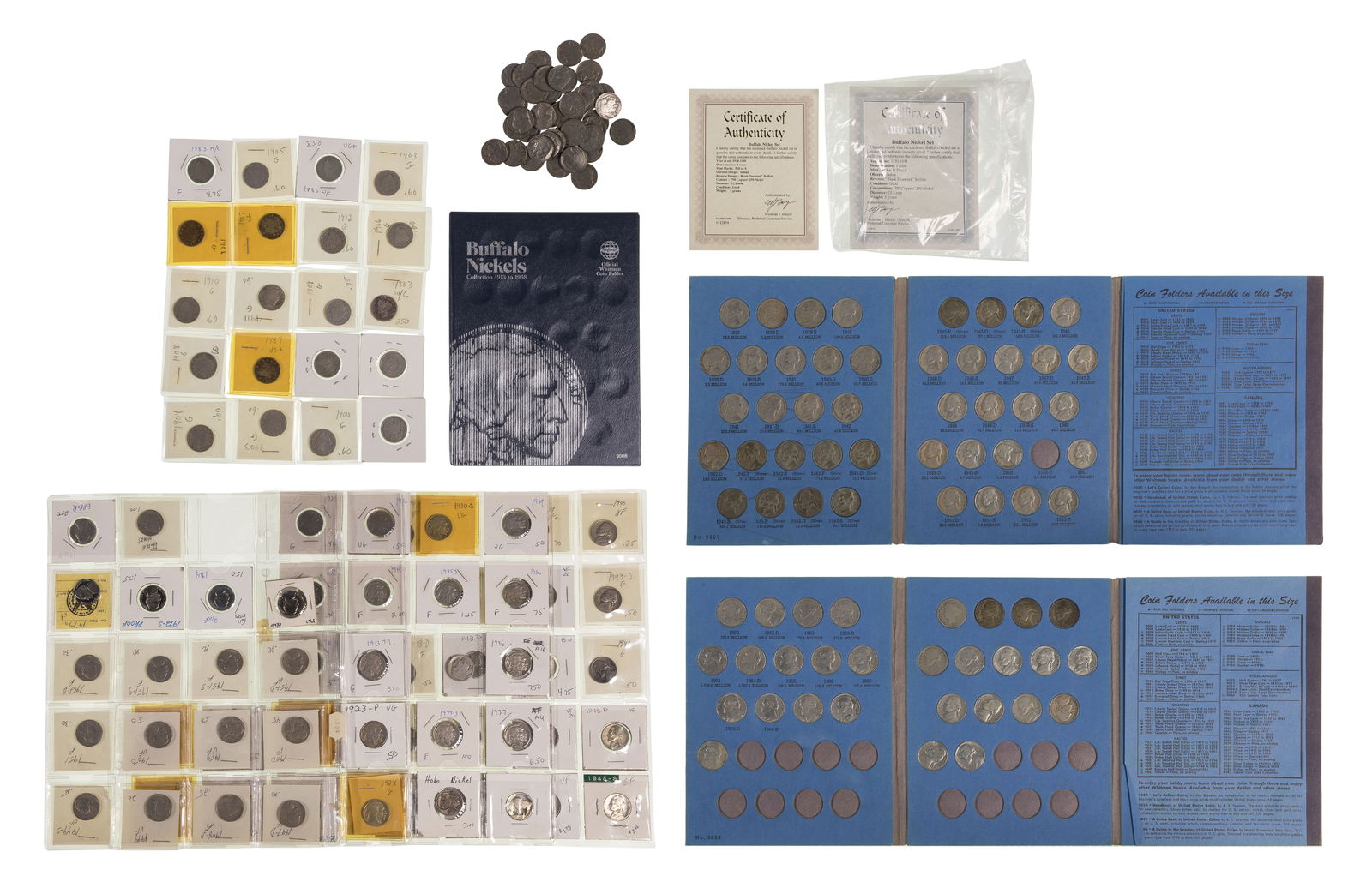 US 5c Assortment: US 5c Assortment Including (75) Buffalo 5c, (20) Liberty 5c, (24) US 35% silver War Nickels, (2) partial Jefferson 5c folders, (20) Jefferson 5c and an empty Buffalo 5c folder Property from: a