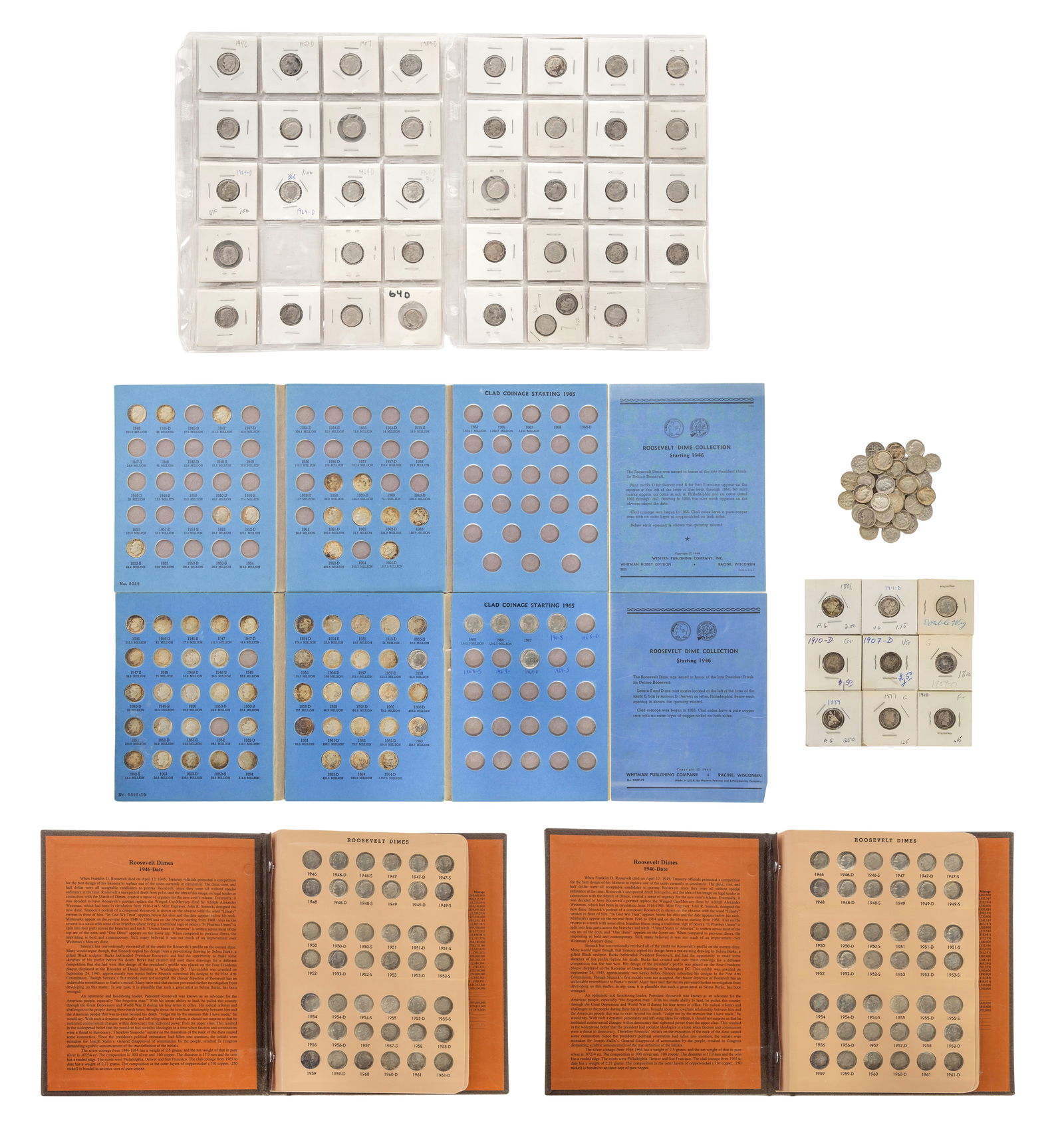 Roosevelt 10c Assortment: Roosevelt 10c Assortment $22.50 face value US 90% silver and $0.50 face value US 40%, all in books, sheets, slabs and loose Property from: a Private Collector, Addison, Illinois Category: