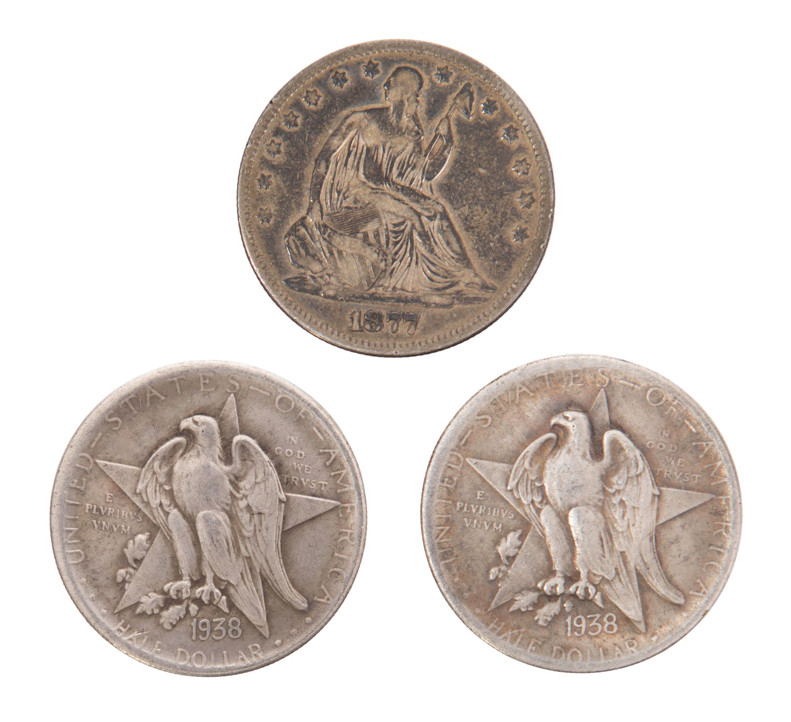 Half Dollar Assortment: Half Dollar Assortment (3) coins including an 1877 Seated Liberty and (2) 1938-S Texas Property from: a Private Collector, Rockford, Ilinois Category: Half Dollars > Liberty Seated Half