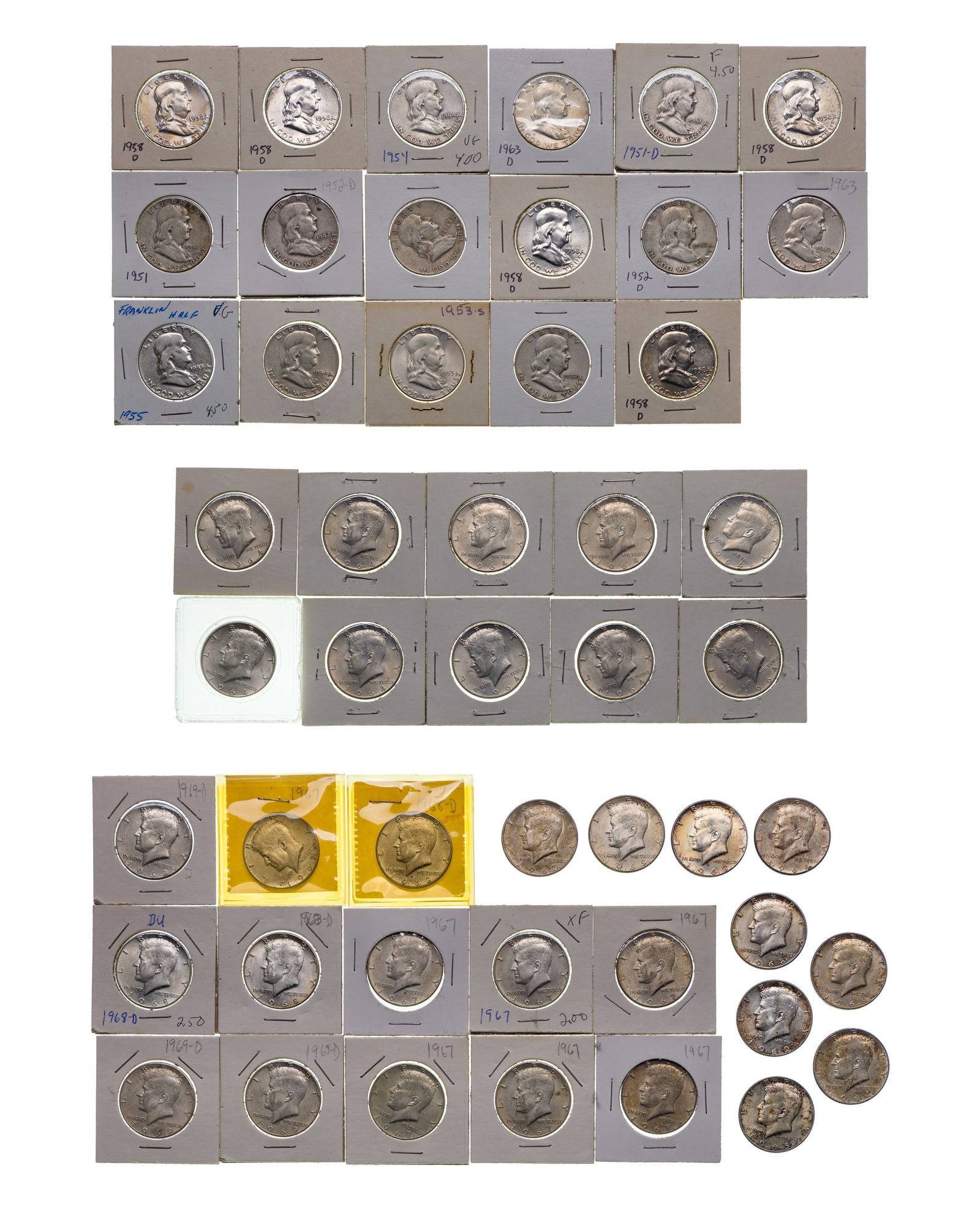 Silver 50c Assortment: Silver 50c Assortment $13.50 face US 90% silver including (17) Franklin and (10) 1964 Kennedy and $11.00 face value US 40% silver Kennedy 50c Property from: a Private Collector, Addison,